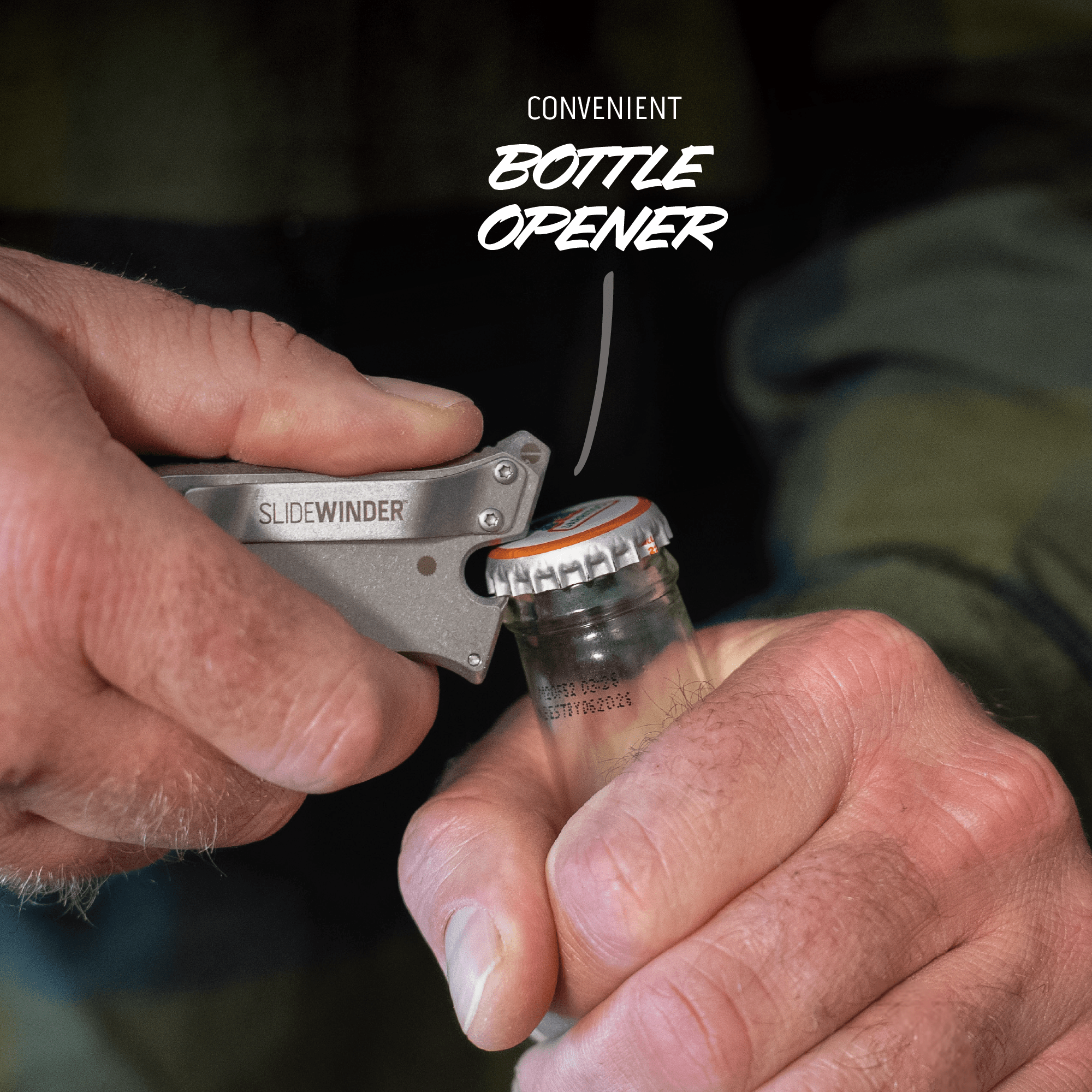 Person using a Slidewinder bottle opener on a bottle cap with text 'Convenient Bottle Opener'.