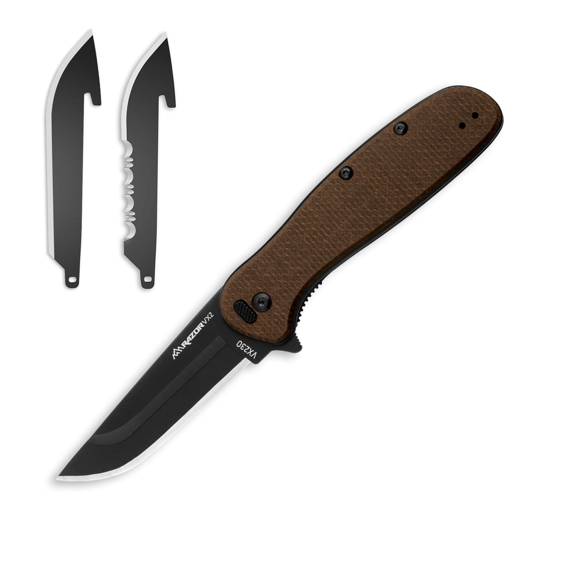Folding knife with brown handle and black blade on a white background