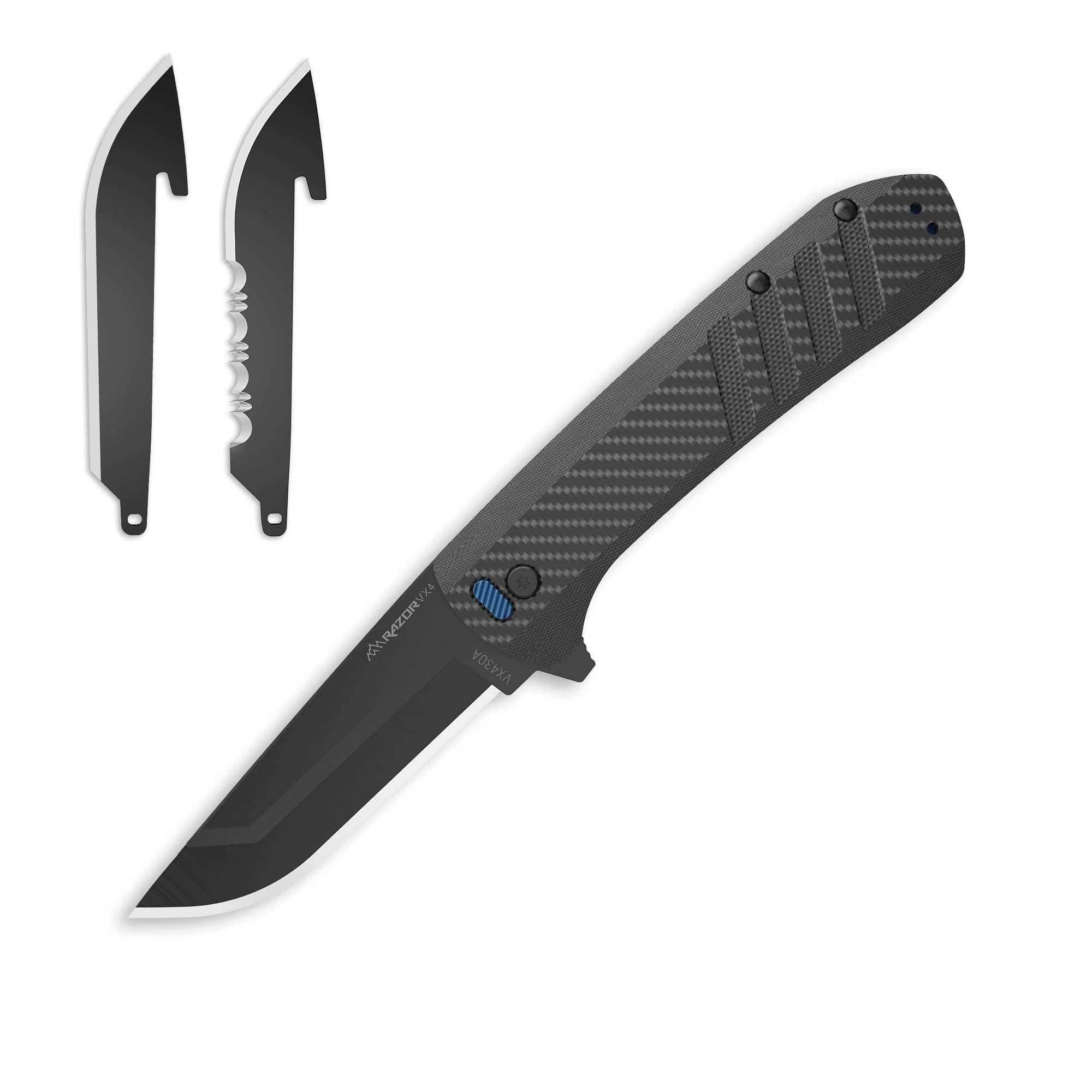 Black folding knife with open blade on a white background