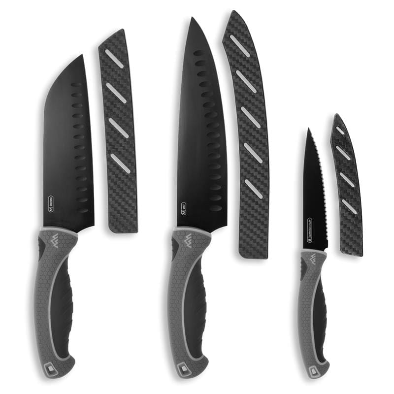 Set of black kitchen knives with carbon fiber patterns on a white background