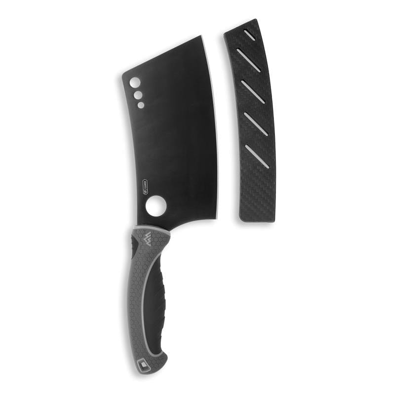 Black cleaver knife with a carbon fiber pattern on a white background