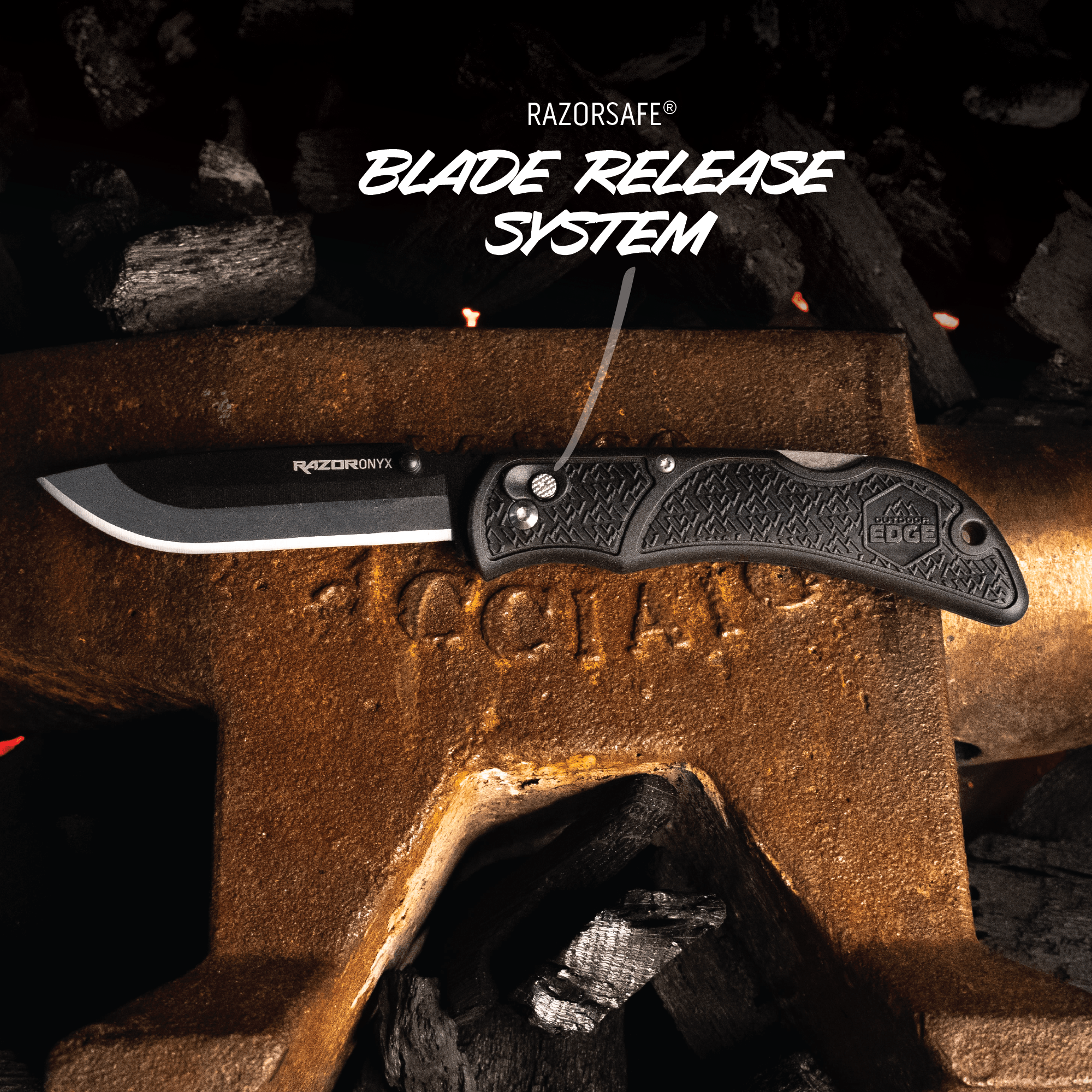 Folding knife with 'RazorSafe' blade release system on a rusty surface