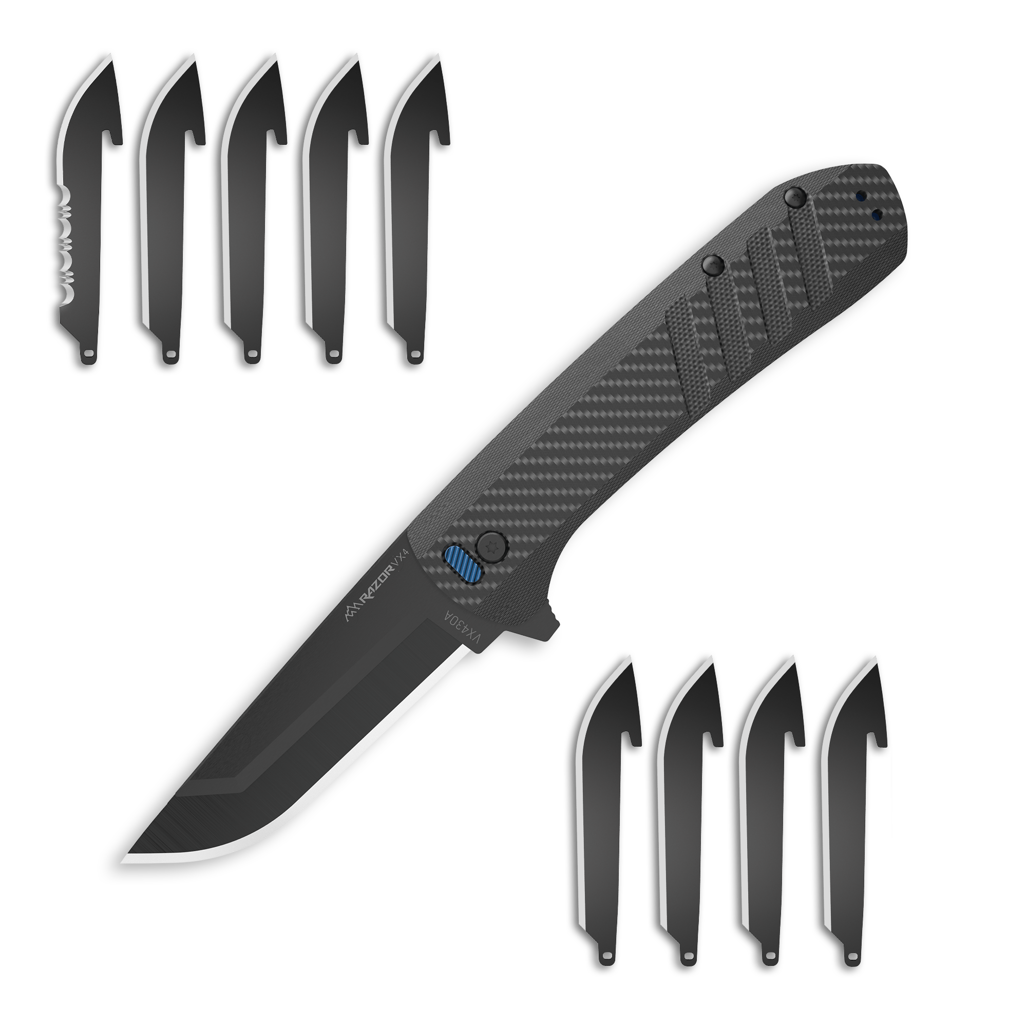 A black knife with a carbon fiber handle with 9 spare blades on a white background