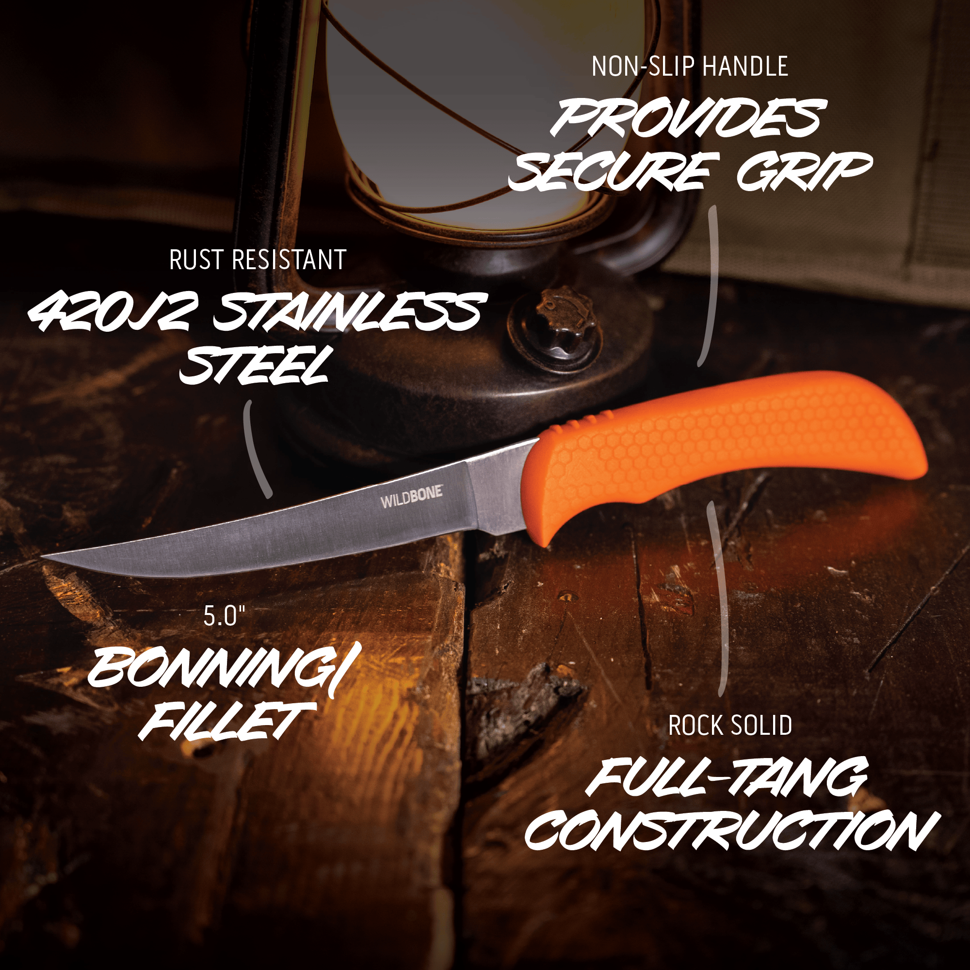 Knife with orange handle on a wooden surface, featuring text about its features.