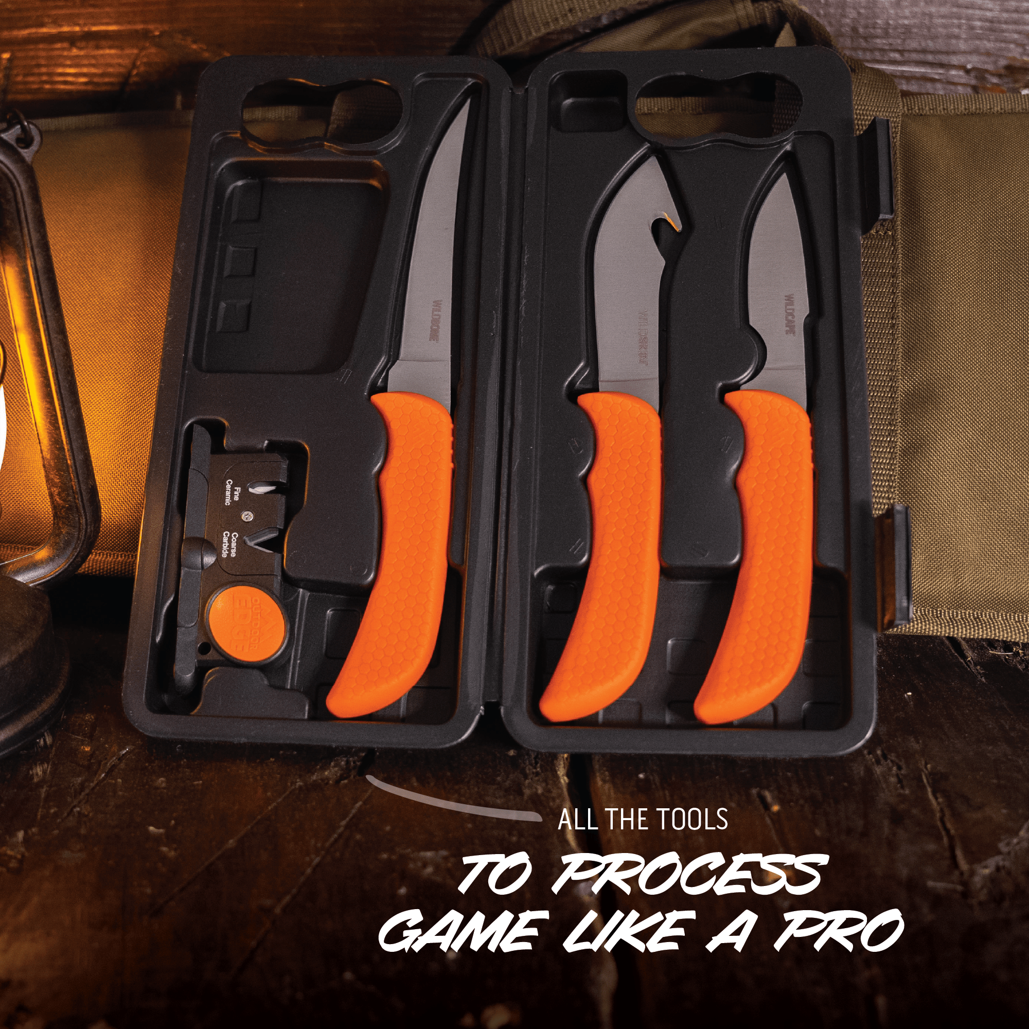 Two black and orange tools in packaging on a wooden surface with text 'All the tools to process game like a pro'.