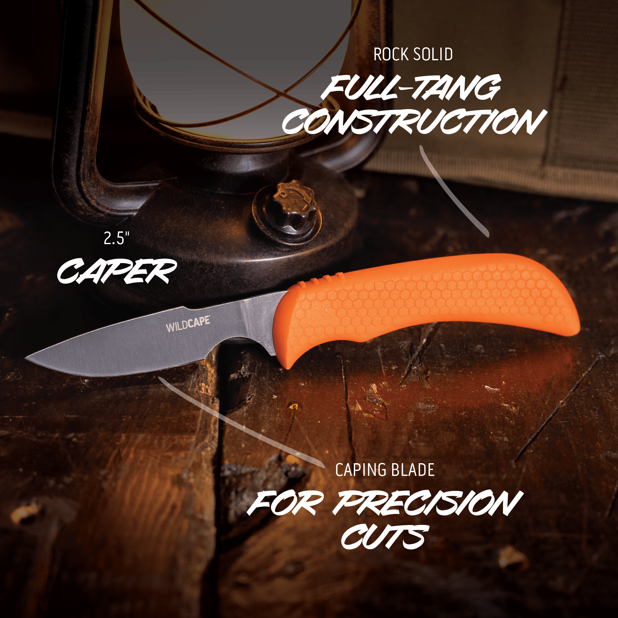 Knife with orange handle on a wooden surface, surrounded by text highlighting features.