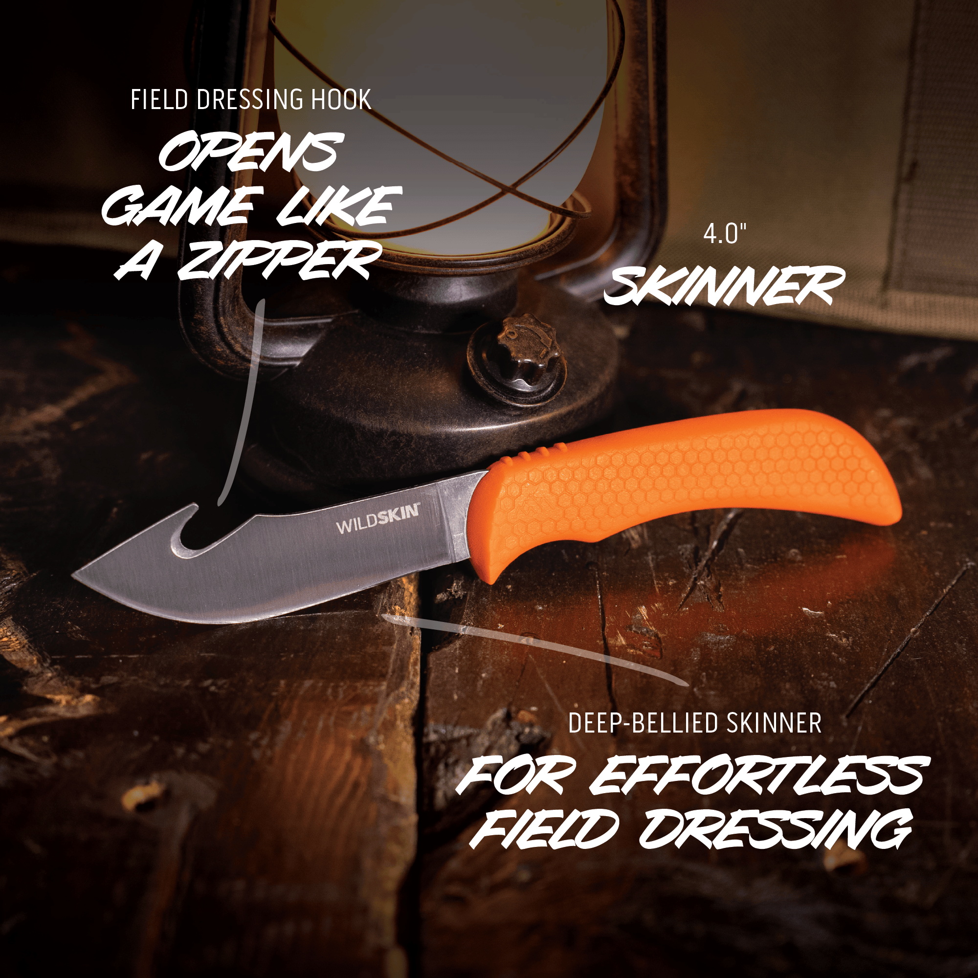 Knife with orange handle on a wooden surface, promotional text about field dressing hook and deep-bellied Skinner.