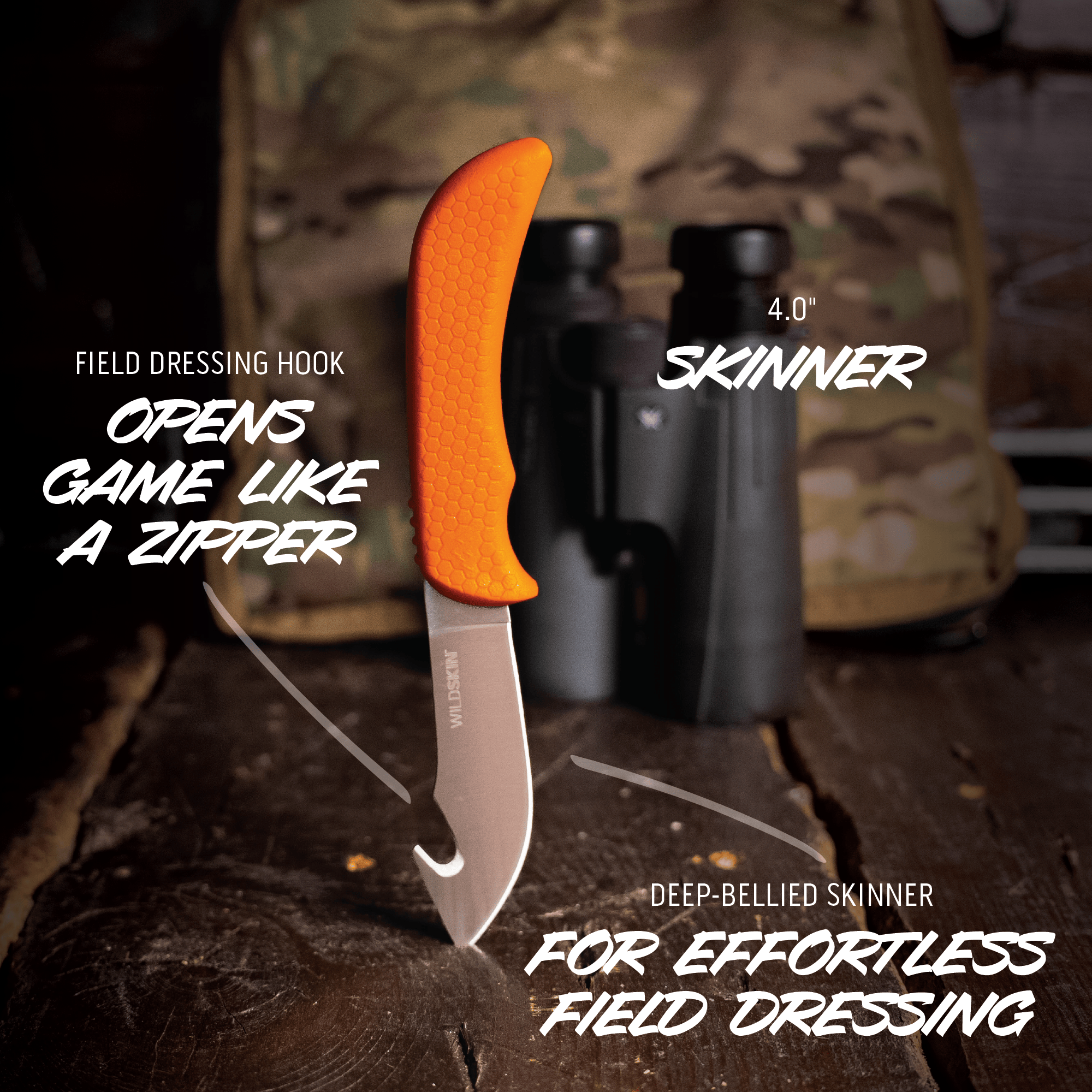 Knife with orange handle on a wooden surface, with text describing its features.