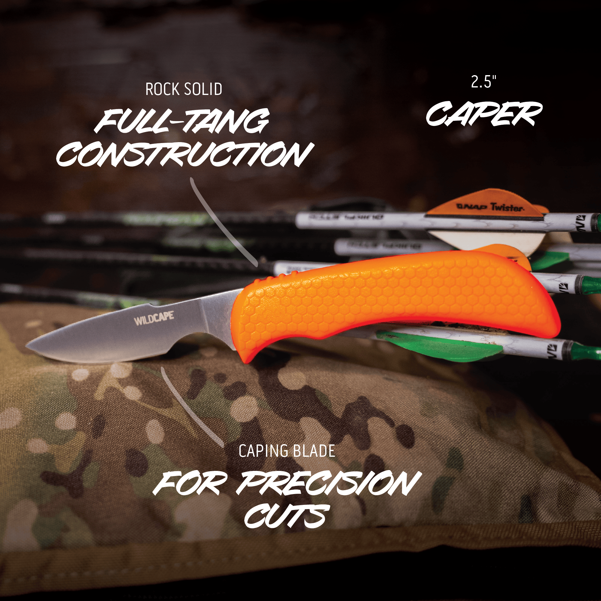 Knife with orange handle and caping blade on a camouflage surface, with text highlighting features.