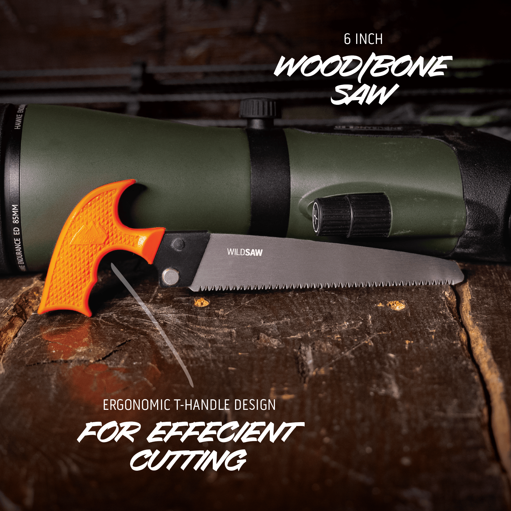 6-inch wood/bone saw with ergonomic handle on a wooden surface, featuring WildSaw branding.
