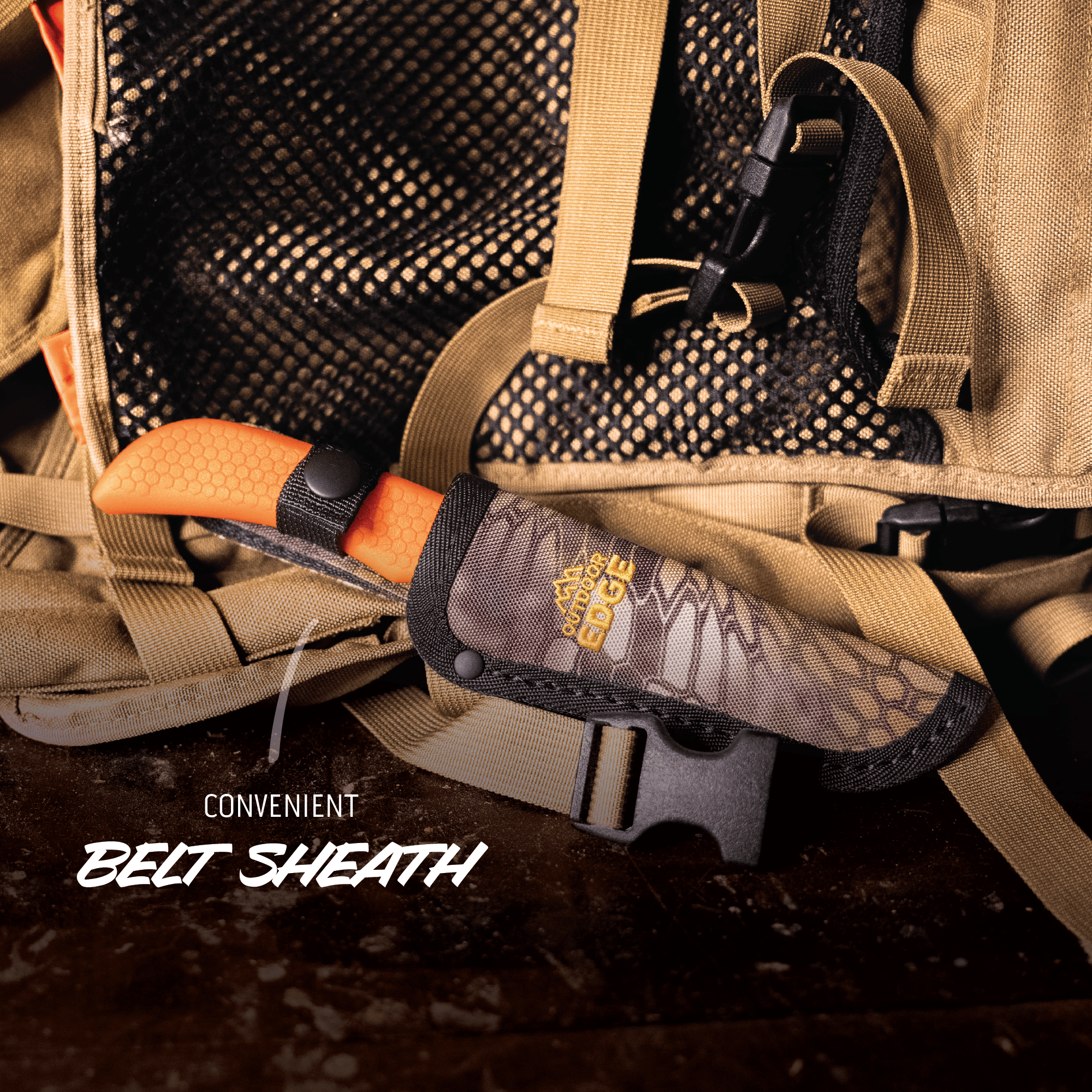 Convenient belt sheath attached to a backpack with text overlay