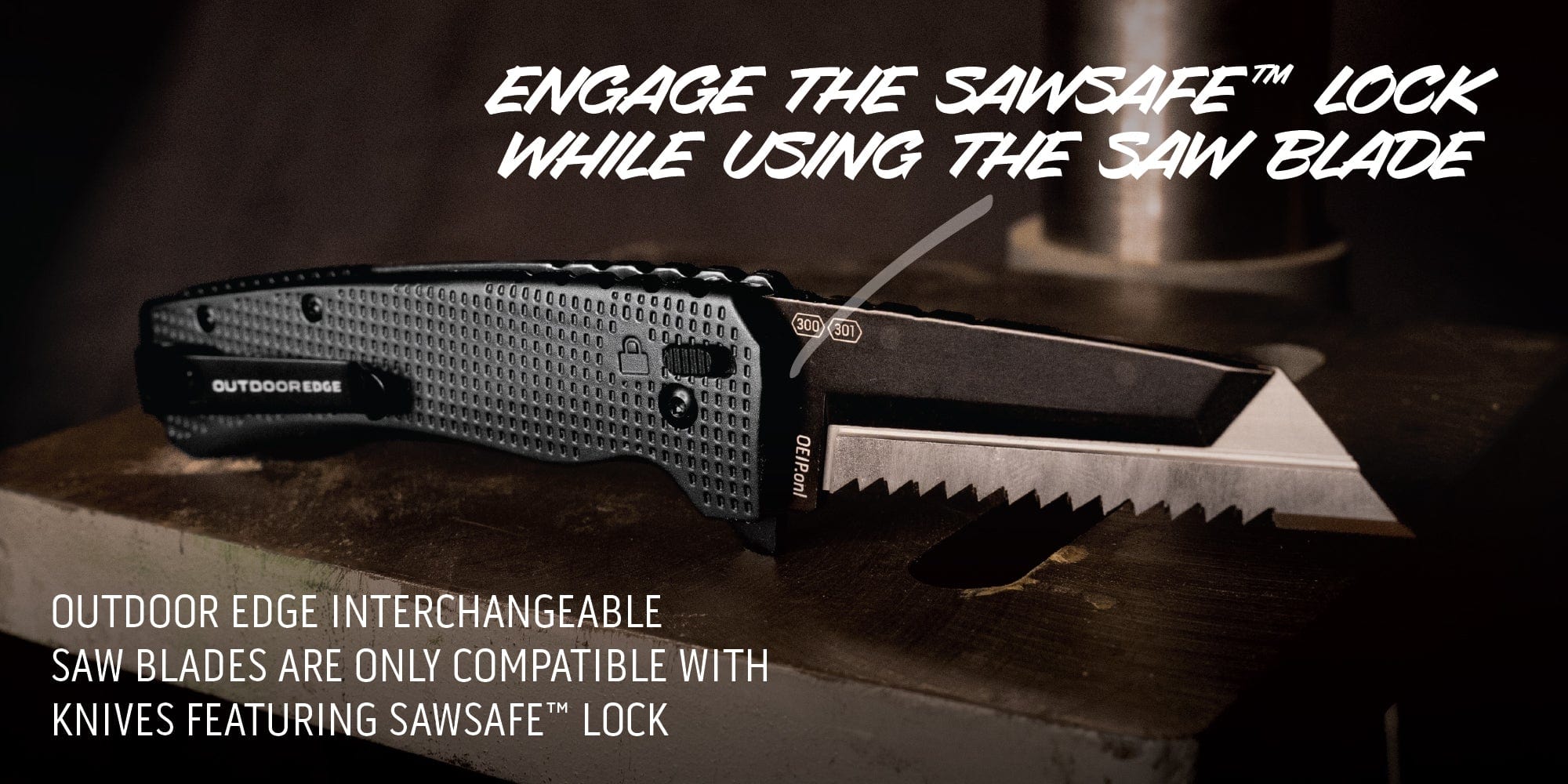 "An Outdoor Edge knife with a serrated SawSafe blade, with text explaining to engage the lock while using the saw blade."