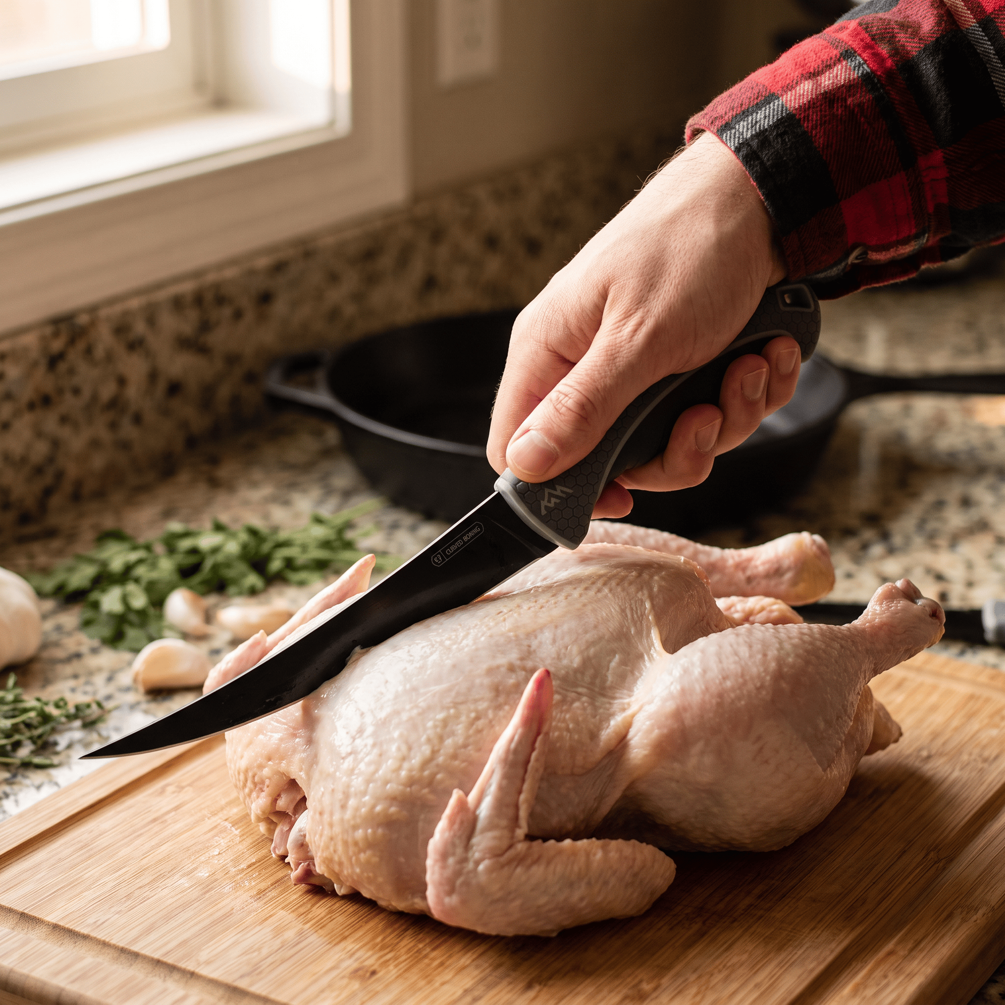 A man using the 6 inch ErgoMax boning knife for bone out a whole chicken
