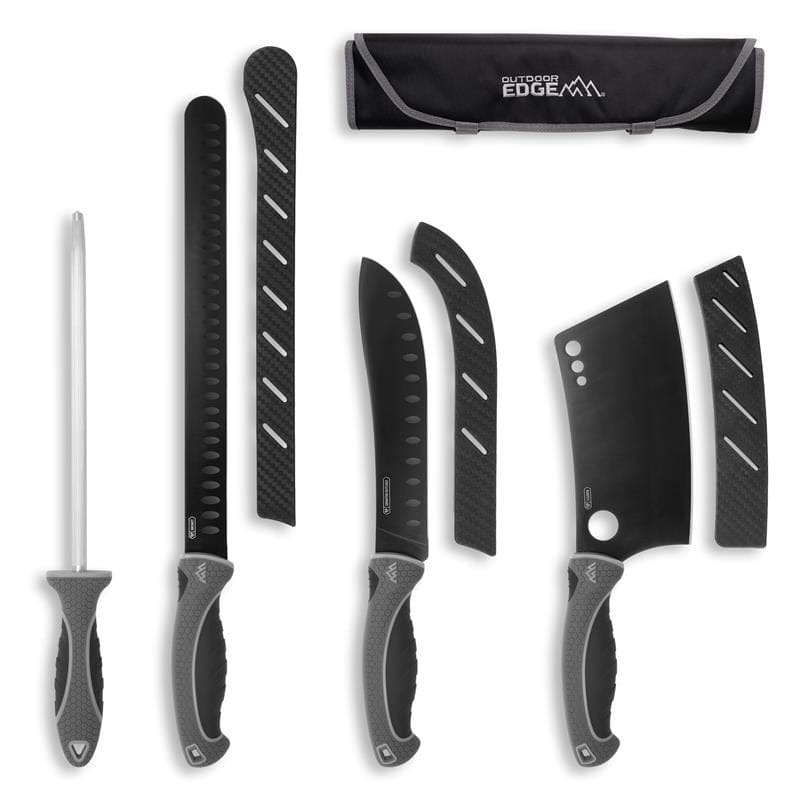 Set of knives with sheaths and a carrying case on a white background