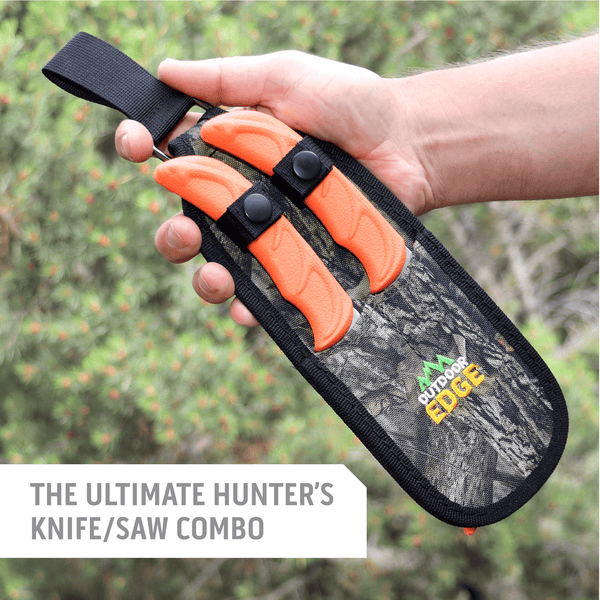 Outdoor Edge WildGuide Hunting Knife Set Product Photo all blades stored in camo sheath with text "The Ultimate Hunter's Kinfe/Saw Combo."