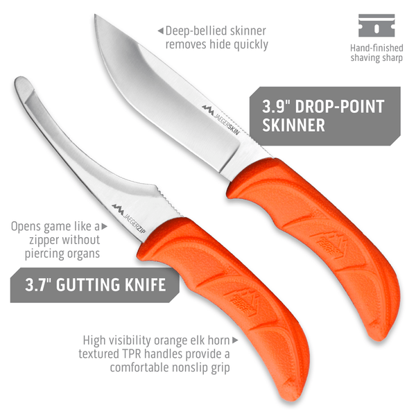Outdoor Edge JaegerPair Hunting and Field dressing knife product photo showing lenth of Drop-Point Skinner and Gutting Knife.