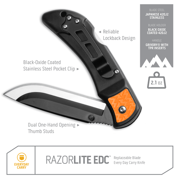 Outdoor Edge Orange 3.0" RazorLite™ EDC replaceable blade knife open showing blade and pocket clip