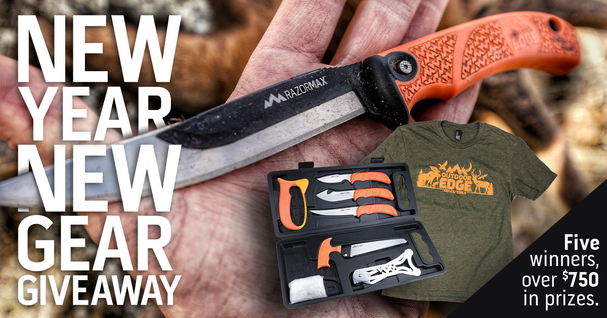 : A "New Year New Gear Giveaway" graphic featuring a hand holding the RazorMax knife, with an Outdoor Edge Jaeger Pak knife set and a T-shirt also displayed