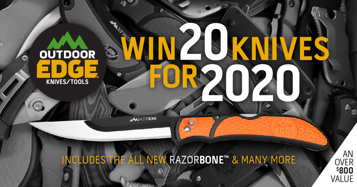 A giveaway graphic for "Win 20 Knives for 2020," showing a collage of various Outdoor Edge knives with the new RazorBone highlighted