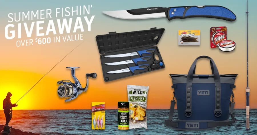 A "Summer Fishin' Giveaway" graphic displaying a variety of prizes including an Outdoor Edge ReelFlex Pak, a Fish N' Bone knife, a fishing reel, a Yeti cooler bag, and other fishing accessories against a sunset backdrop