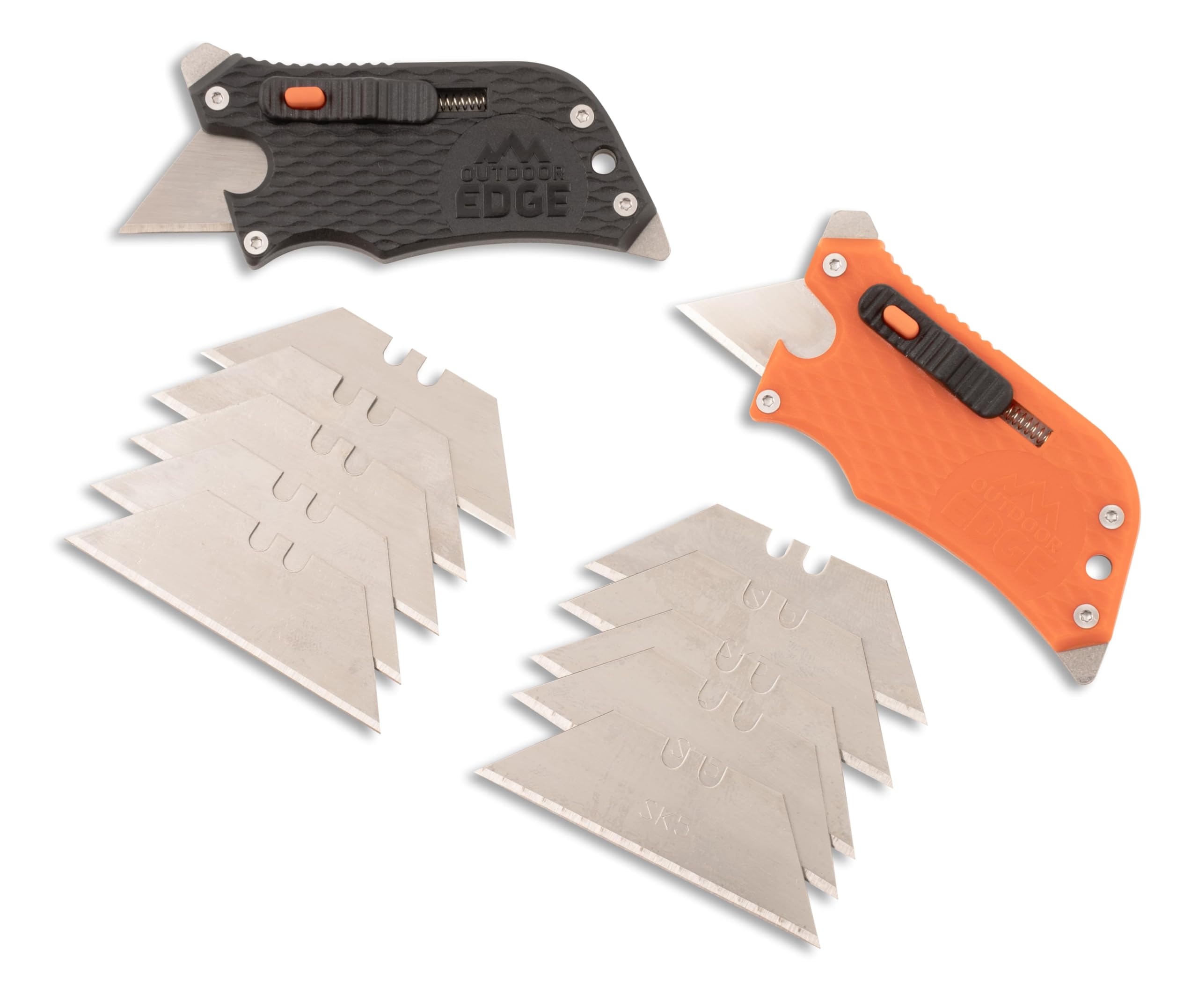 2 utility knives, one orange and one black with 10 extra blades on a white surface