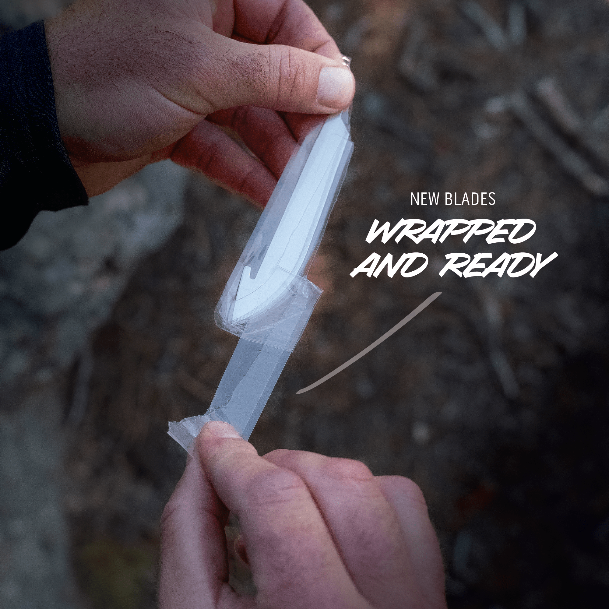 Person holding a package of new blades with text 'New Blades Wrapped and Ready' against a natural background.