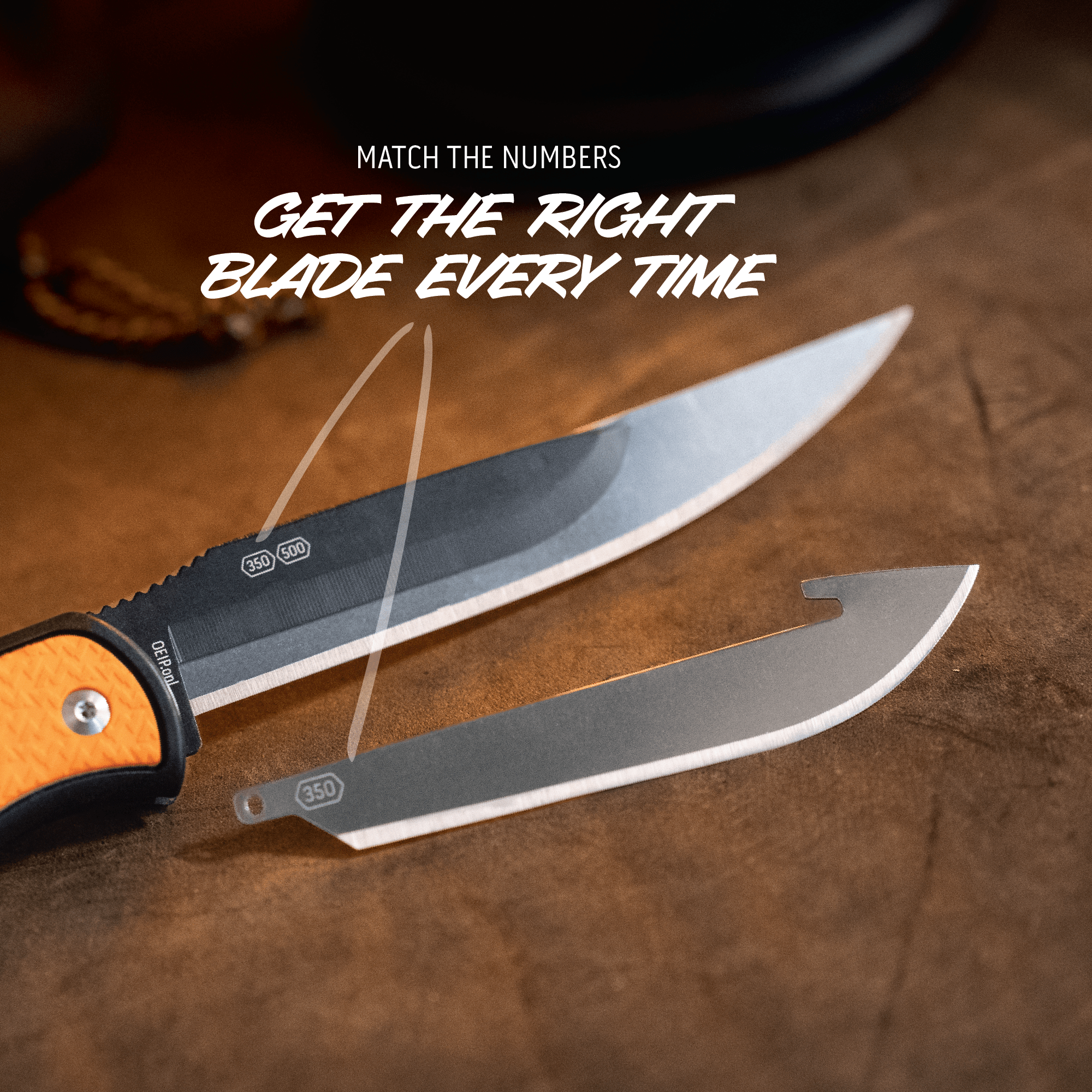 Two knives on a wooden surface with text about matching numbers and getting the right blade.