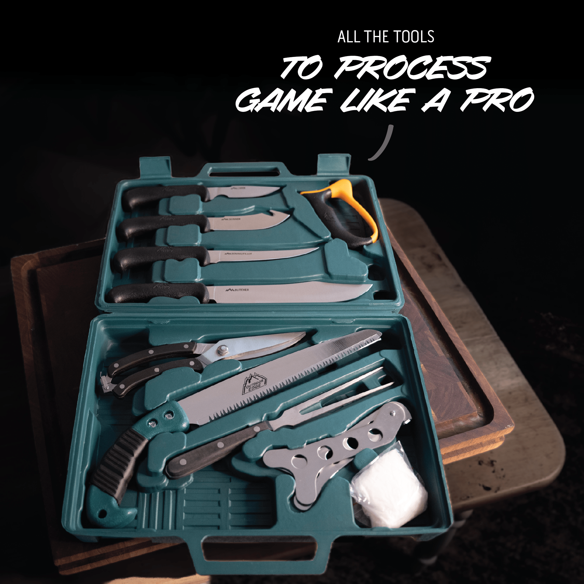 Game processing kit that is displayed open showing knives and tools