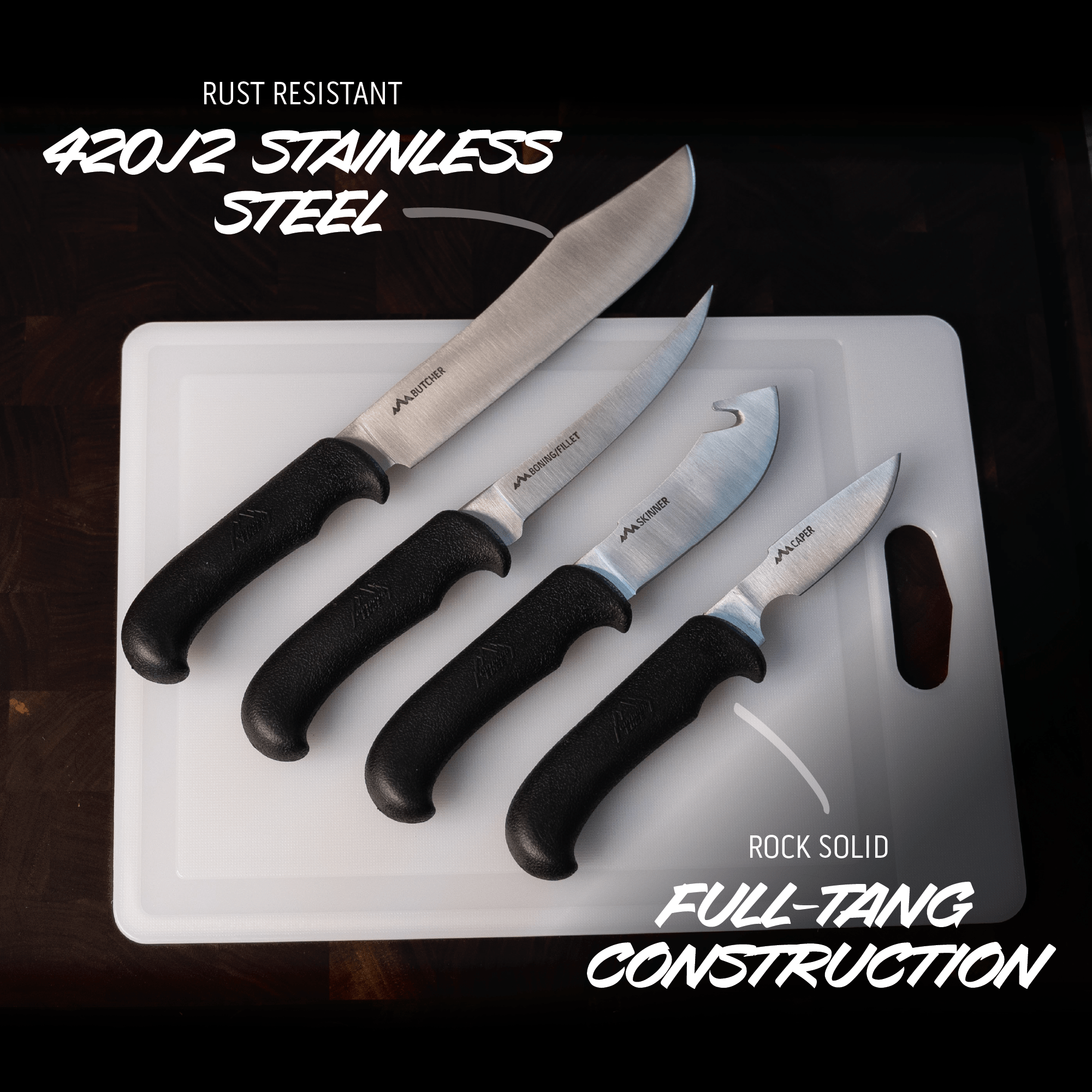 Set of four knives with black handles on a white cutting board, featuring text about knife materials and construction.