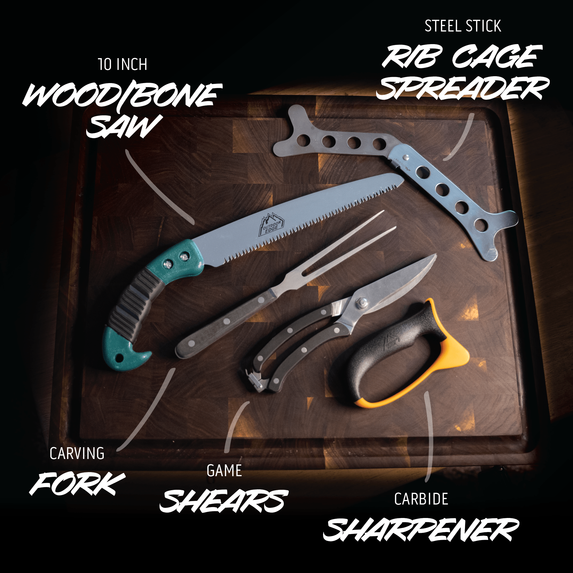 Set of hunting tools including a wood/bone saw, rib cage spreader, carving fork, game shears, and carbide sharpener on a wooden surface.