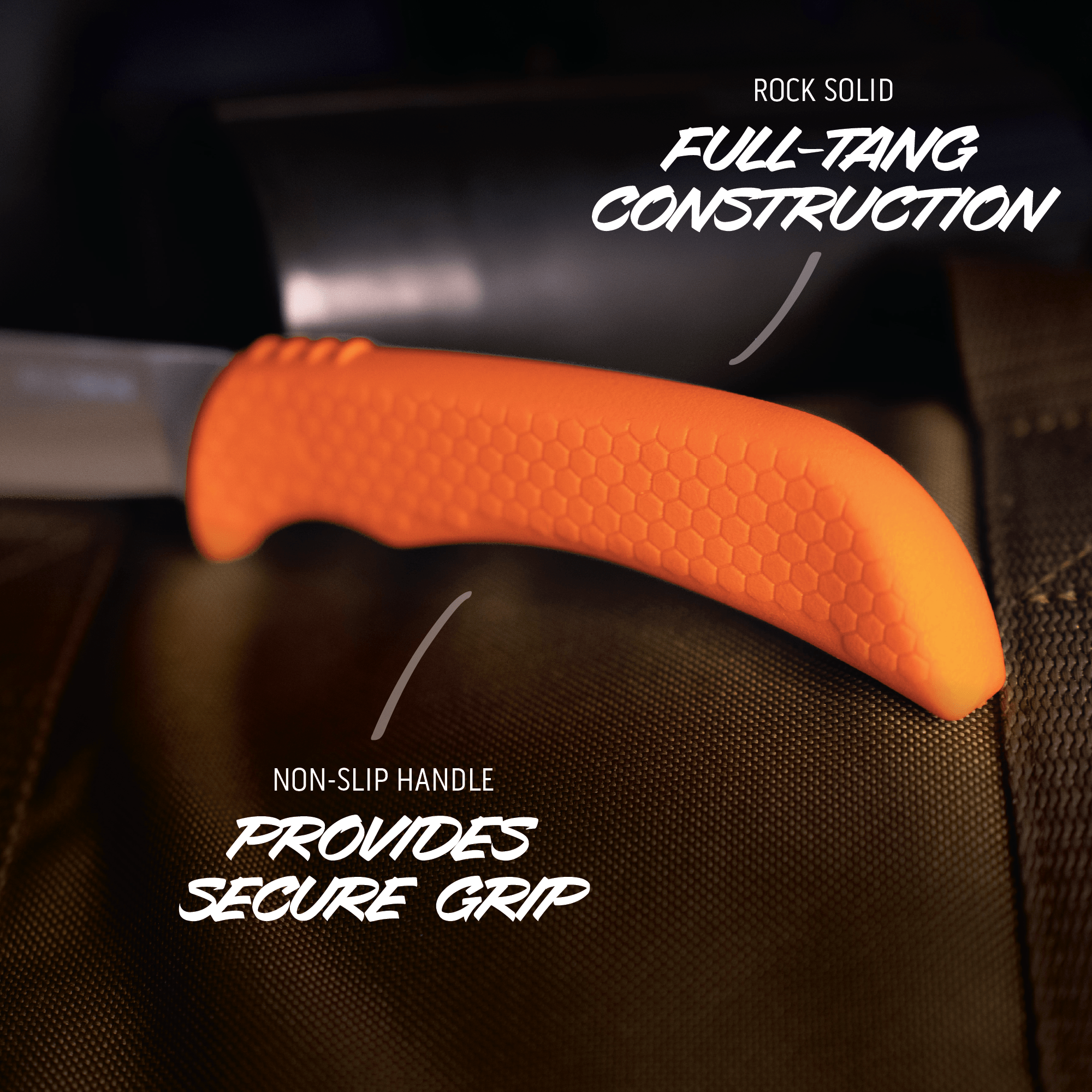 Orange handle with text highlighting full-tang construction and non-slip feature on a dark background