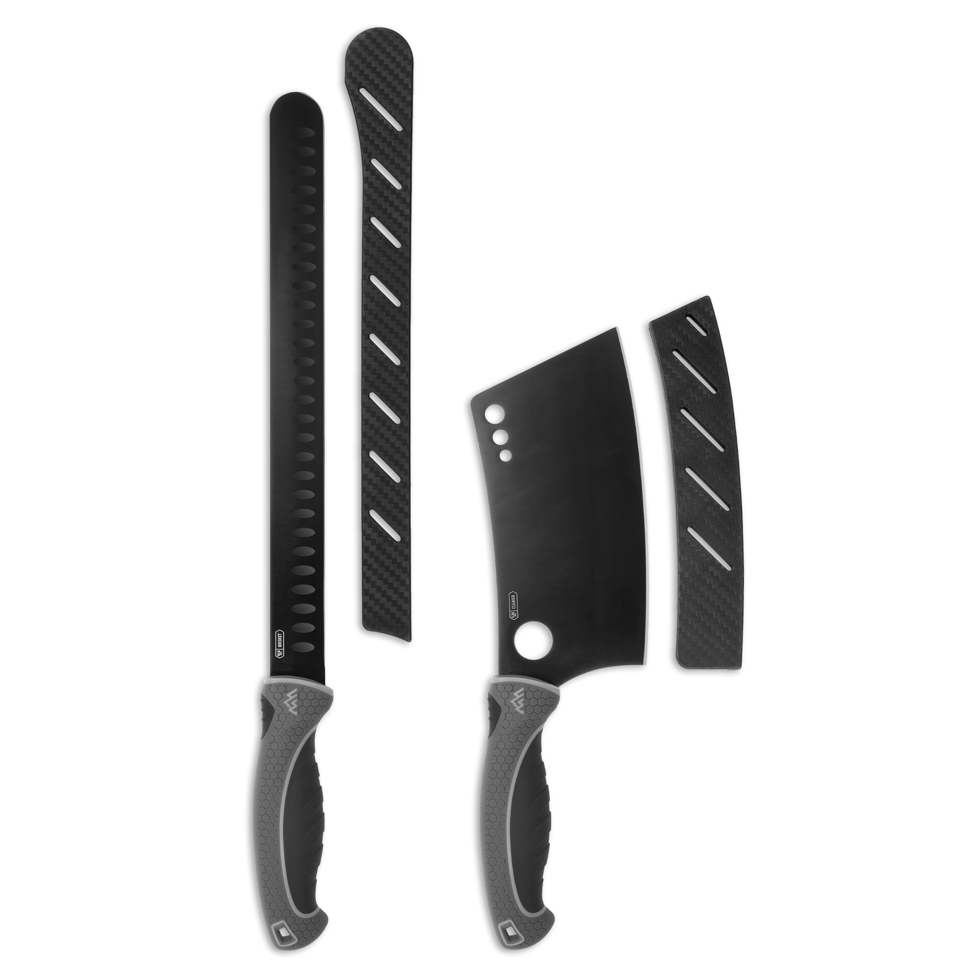 Set of black kitchen knives with carbon fiber handles on a white background