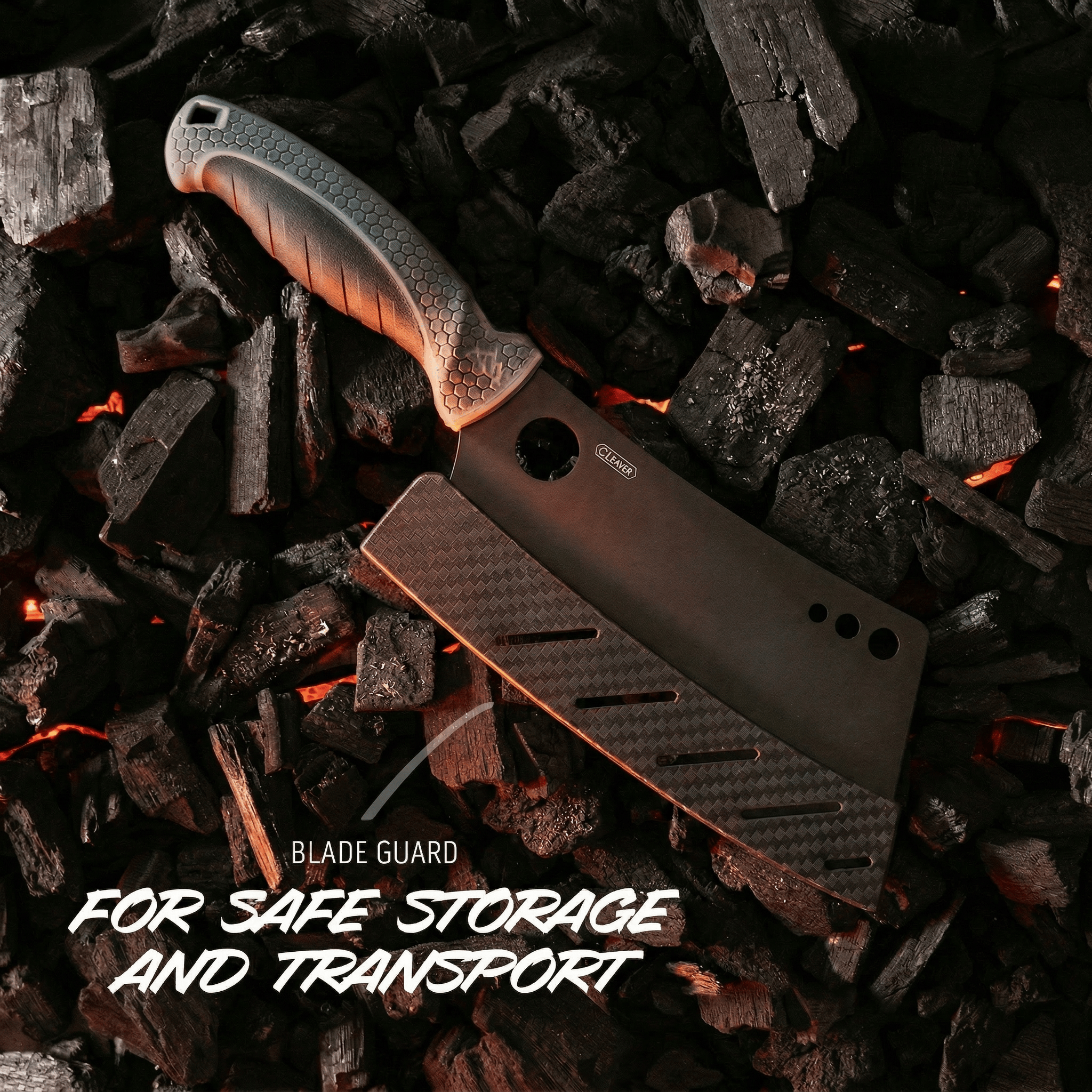 Knife with blade guard on a bed of charcoal and embers, emphasizing safety.