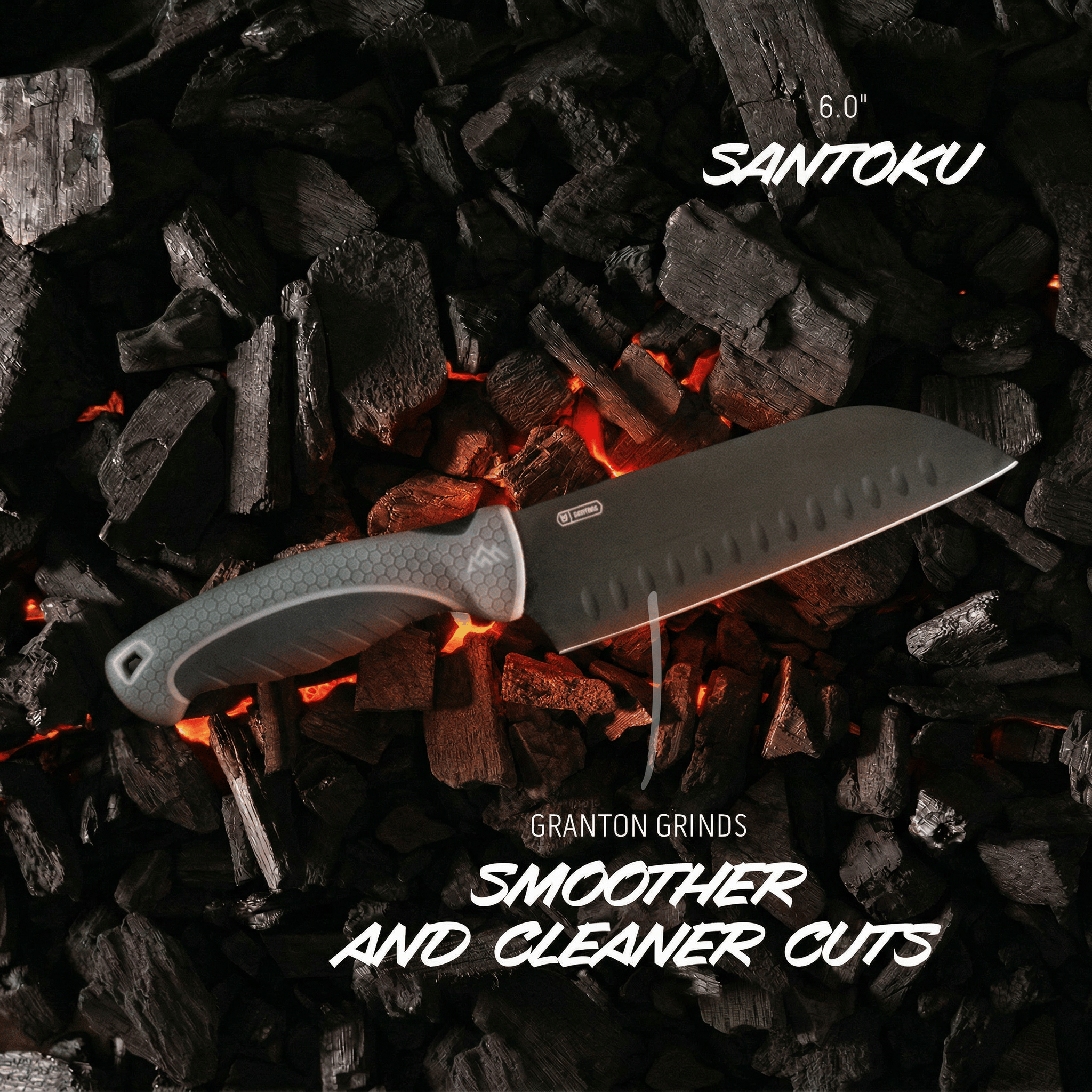 Santoku knife on charcoal with text about knife features