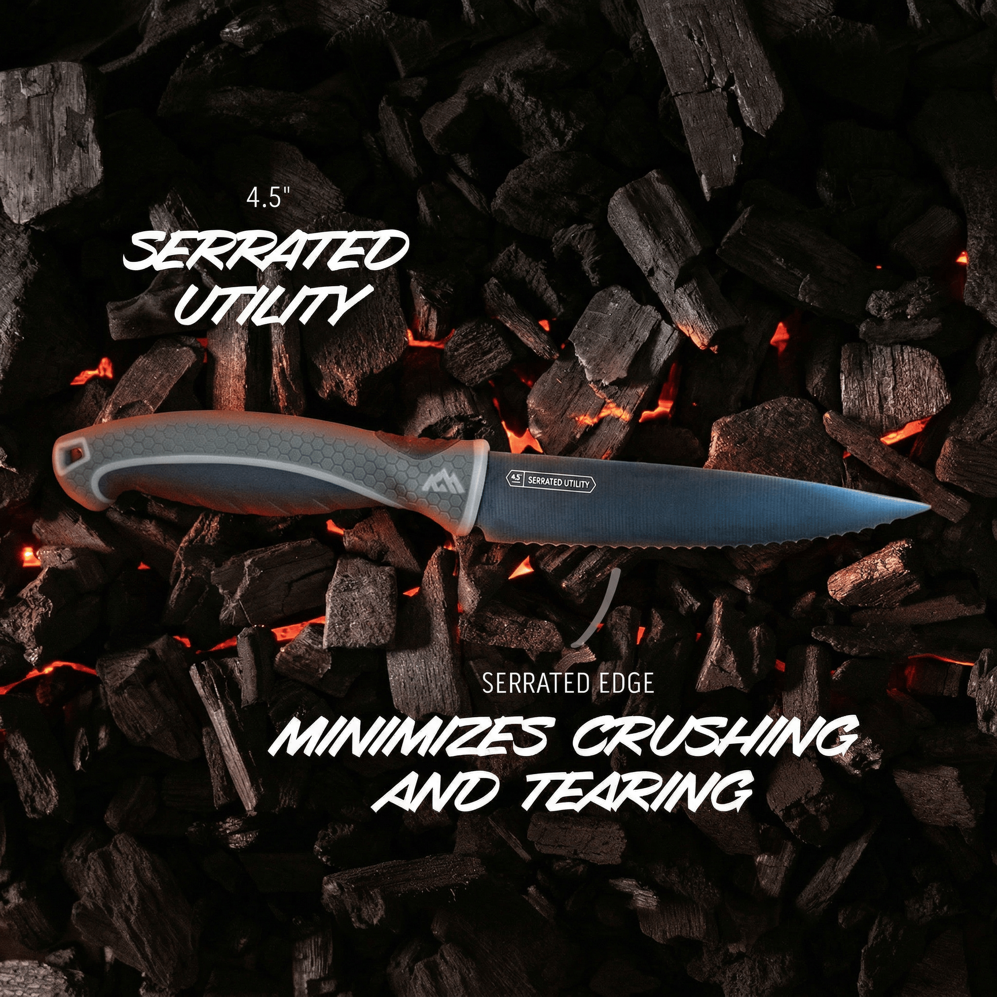 Outdoor Edge ErgoMax Serrated Kitchen Utility knife sitting on glowing coals with text describing the benefit of minimizing crushing and tearing