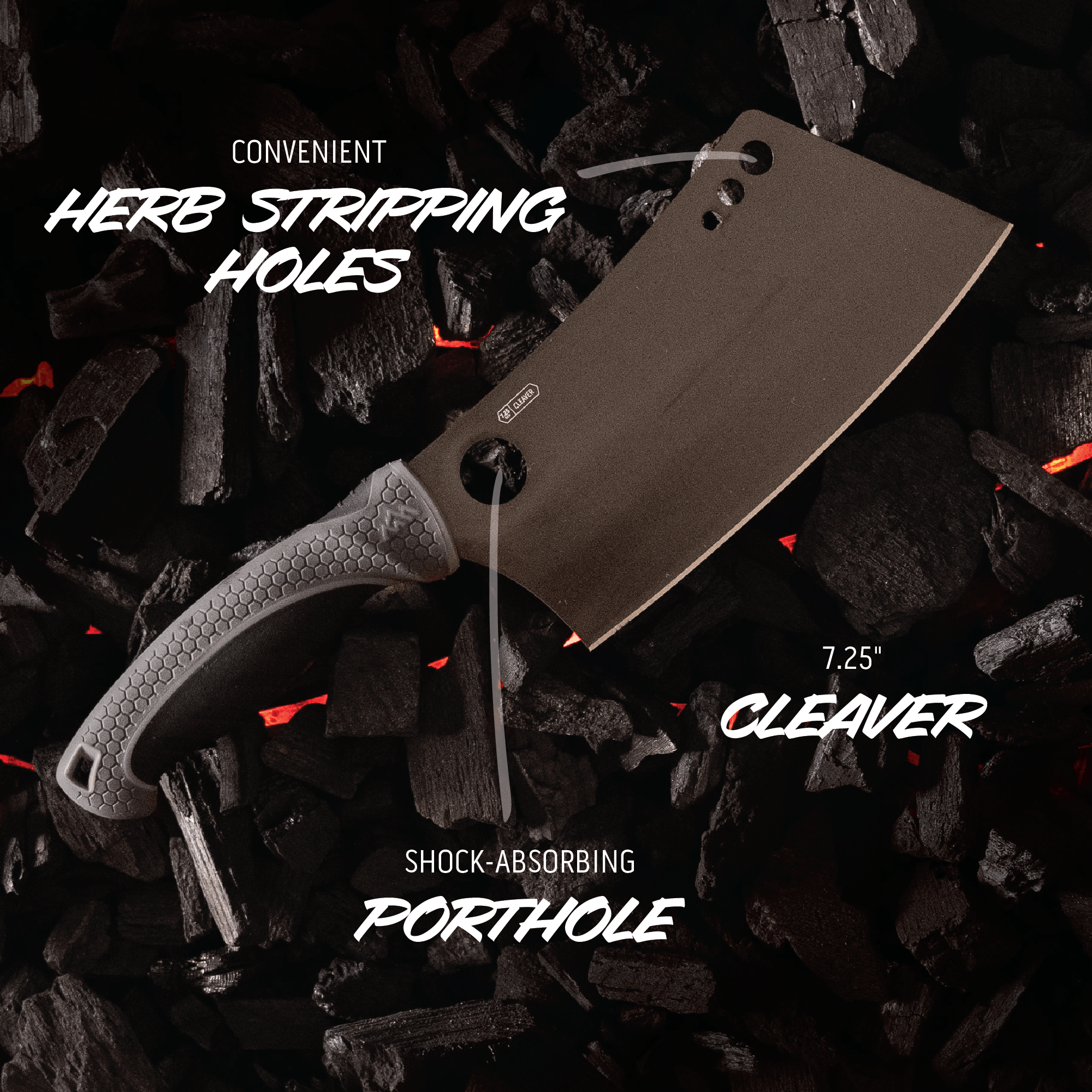 Cleaver knife with text highlighting features on a dark background