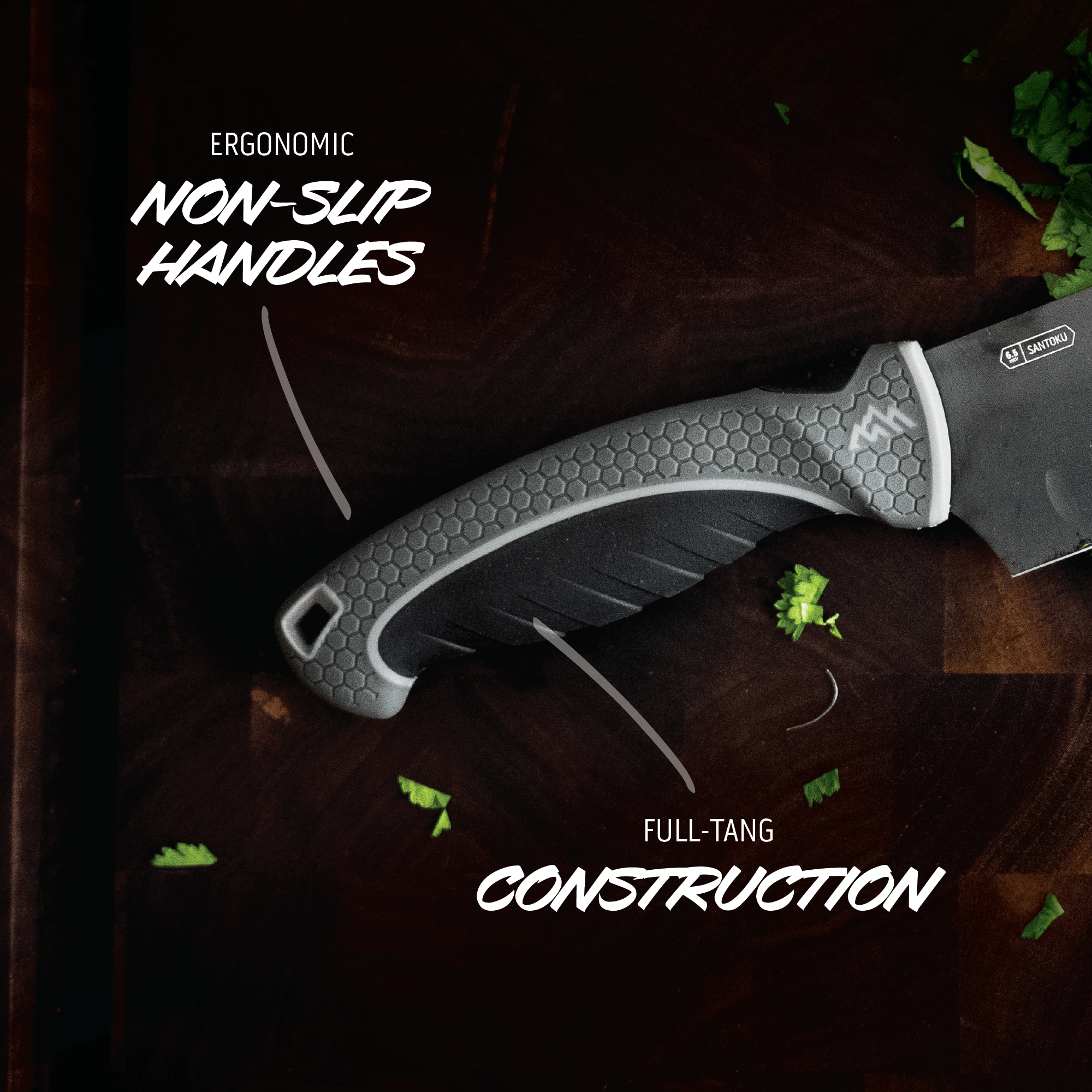 Knife with ergonomic non-slip handle on a wooden surface