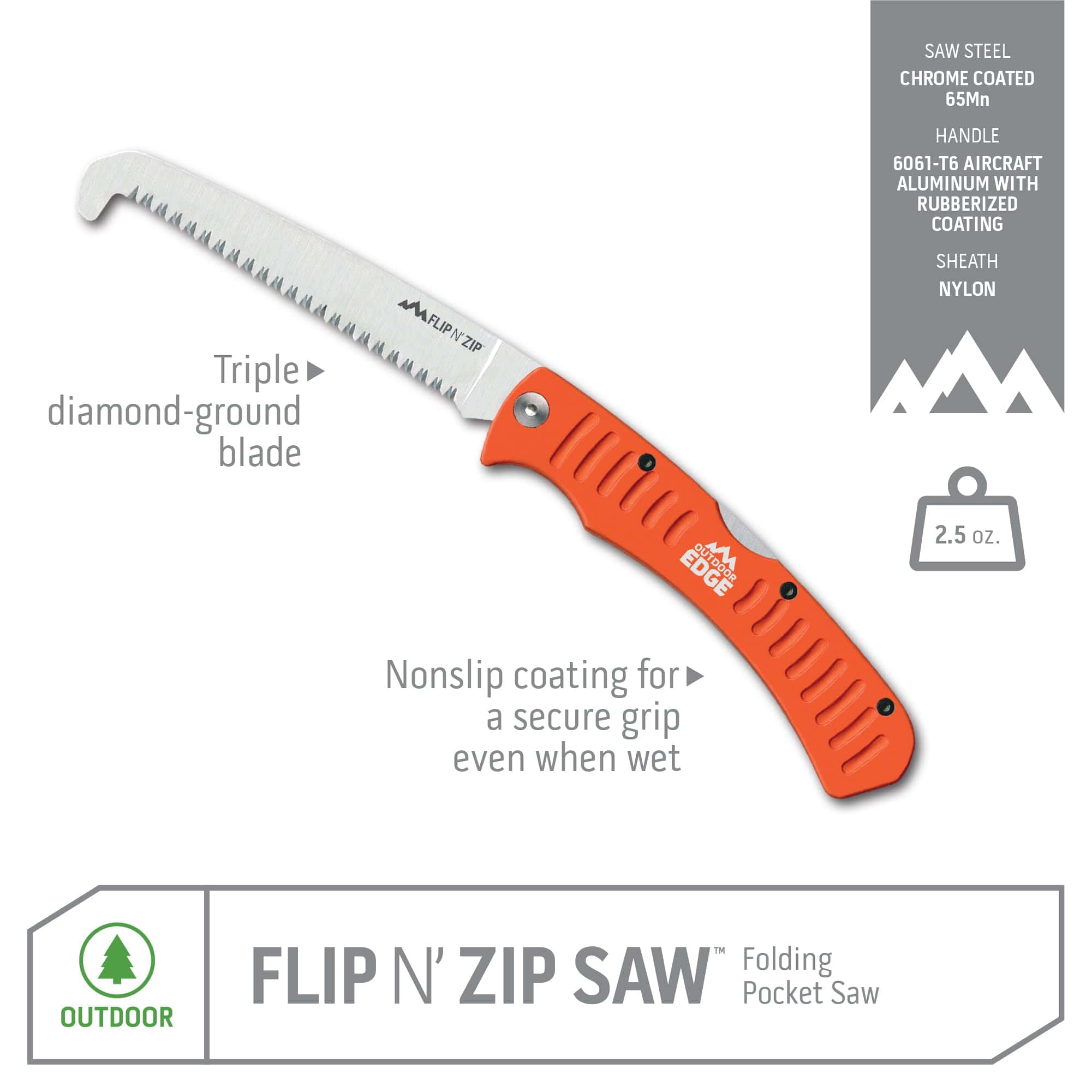Orange folding pocket saw with specifications on a white background