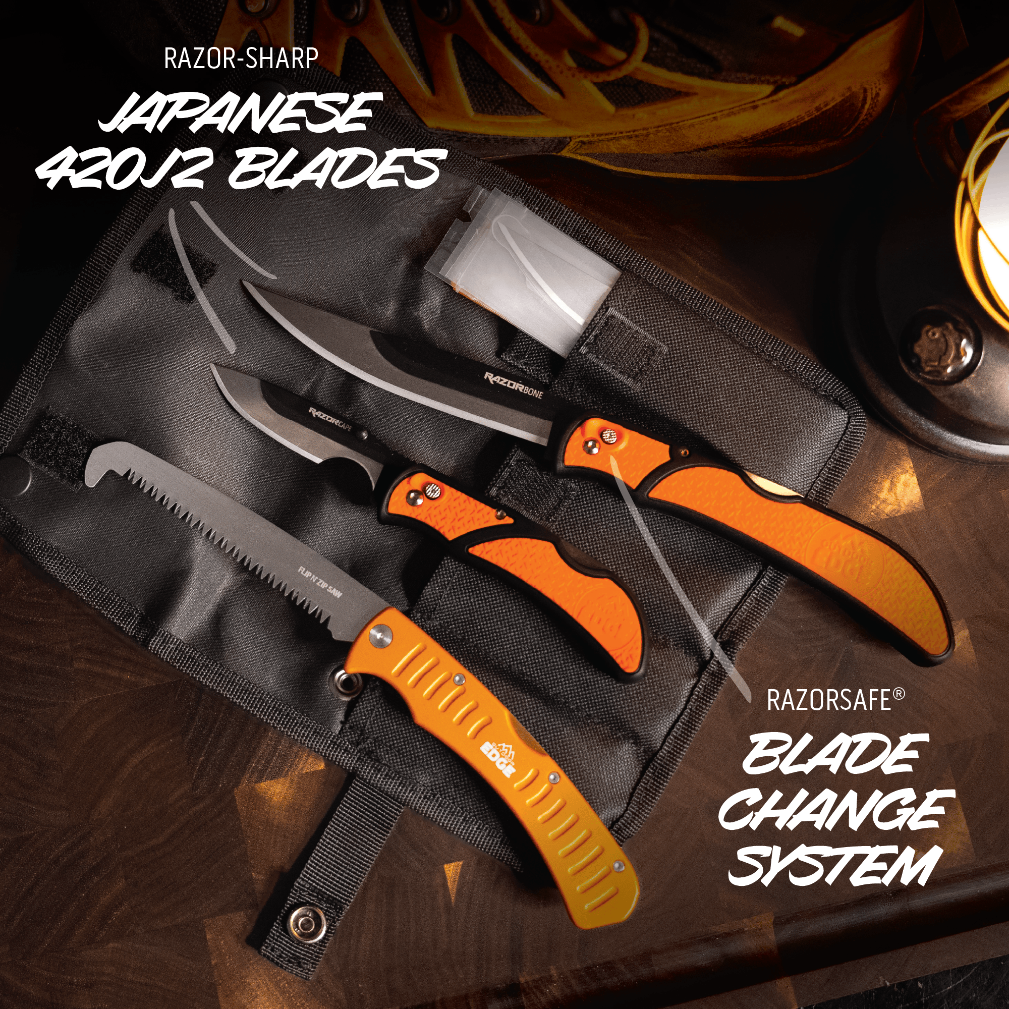 Set of knives with orange handles on a dark surface, featuring 'Razor-Sharp' and 'Razorsafe' branding.