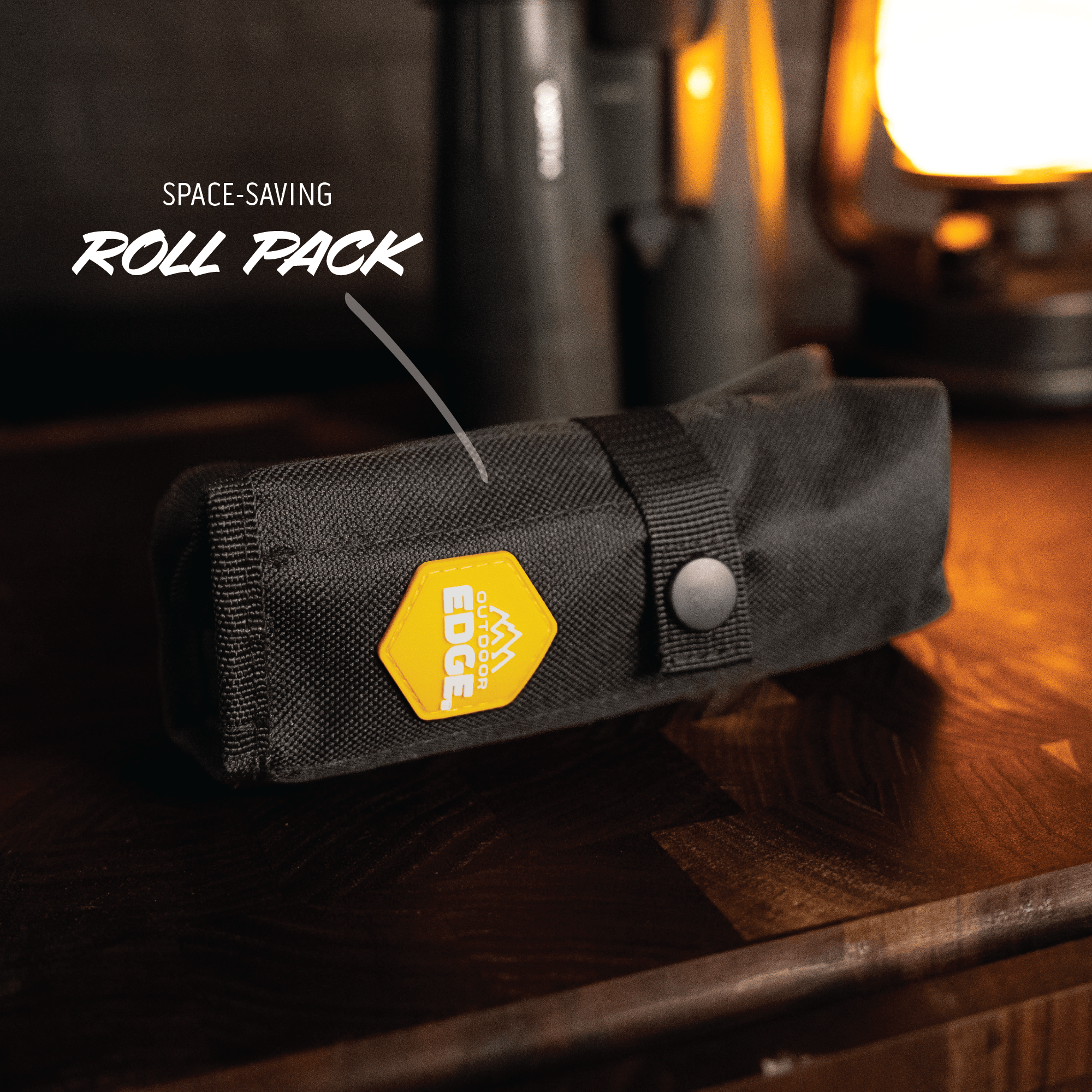 Space-saving roll pack with a yellow label on a wooden surface