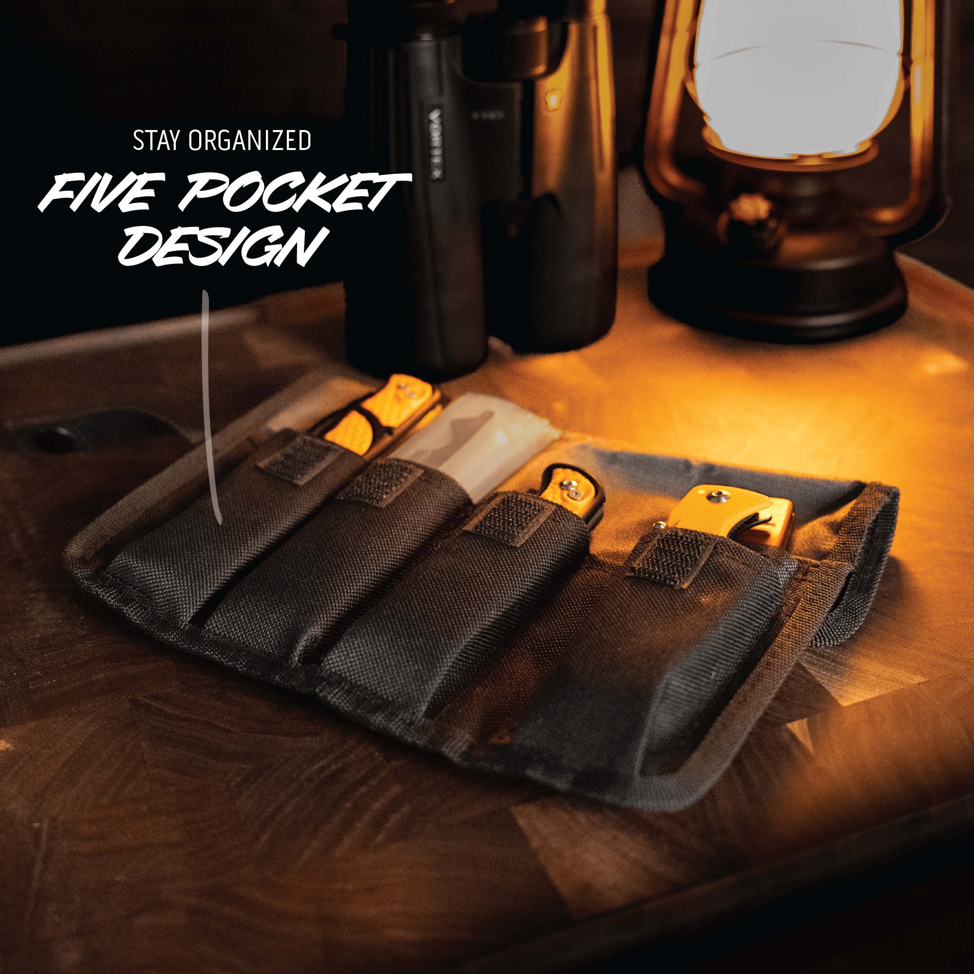 Five-pocket organizer on a wooden surface with text 'Stay Organized Five Pocket Design'.