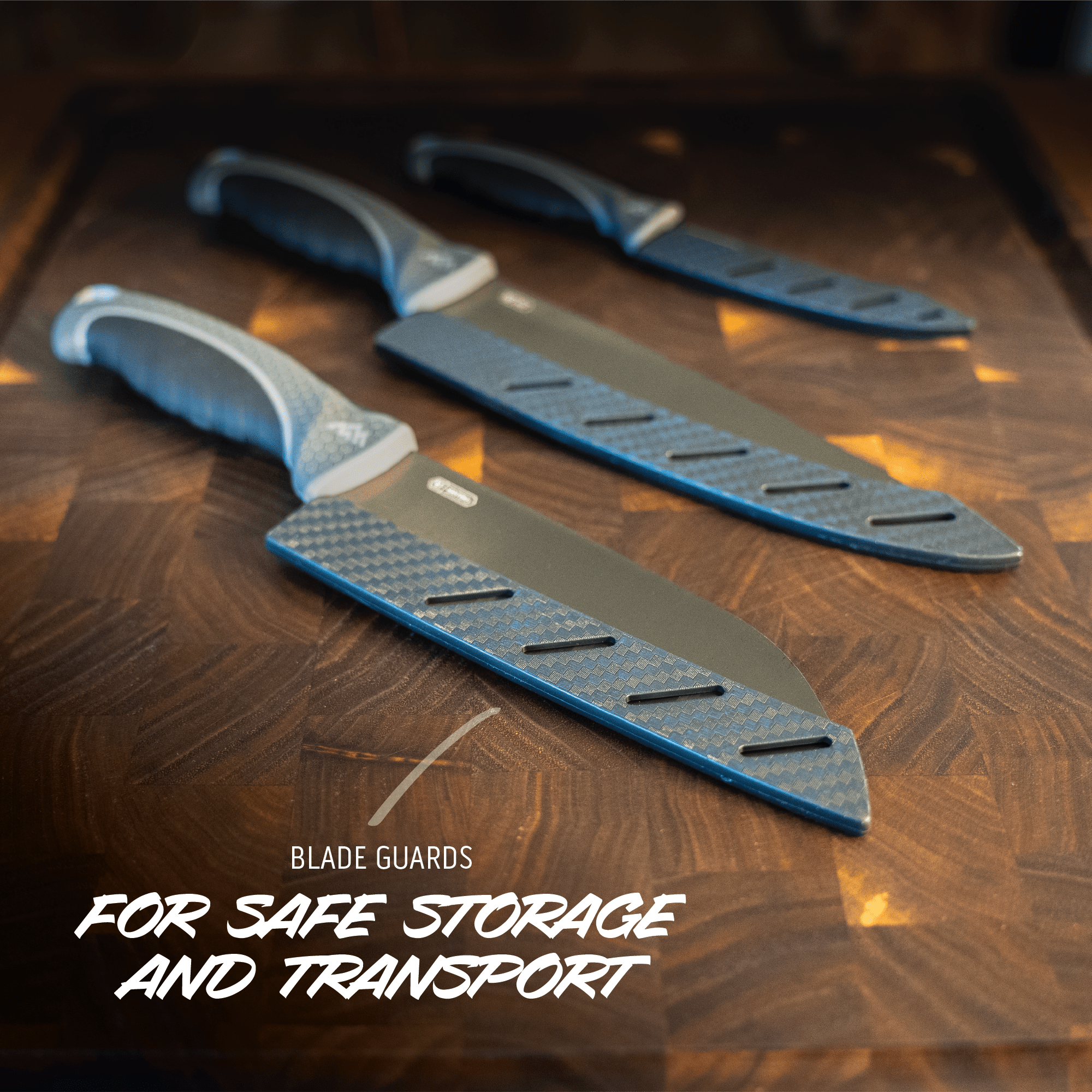 Three knives with blue blade guards on a wooden surface, with text 'Blade Guards for Safe Storage and Transport'.
