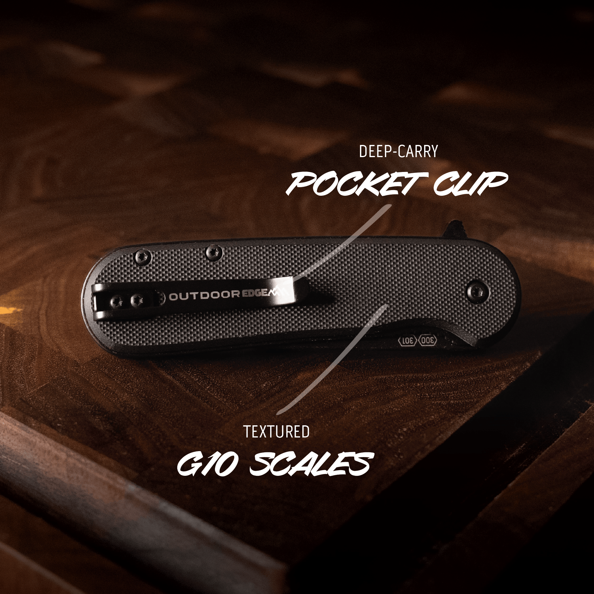 Black pocket clip on a wooden surface with text highlighting features