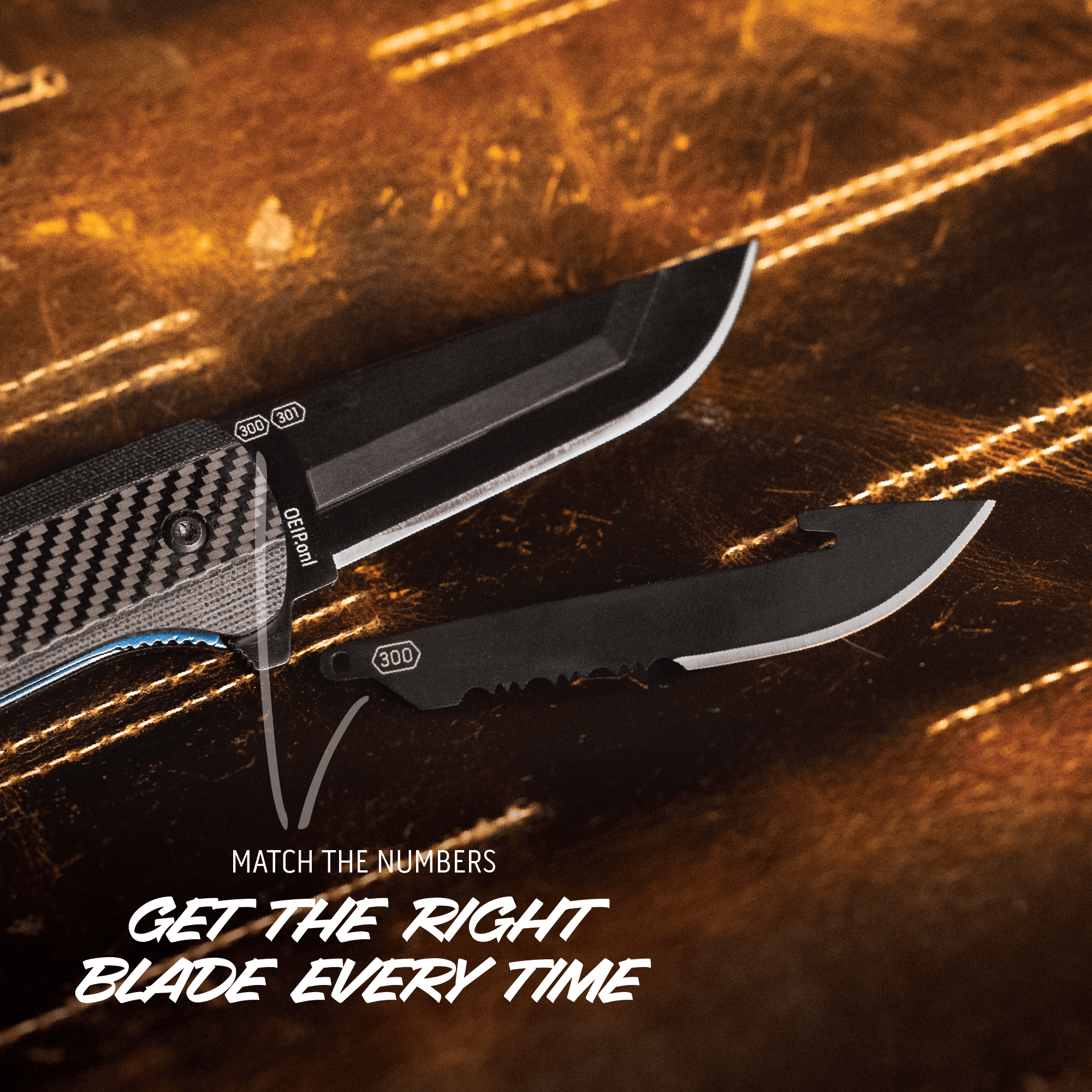 Two knives on a textured surface with text overlay.