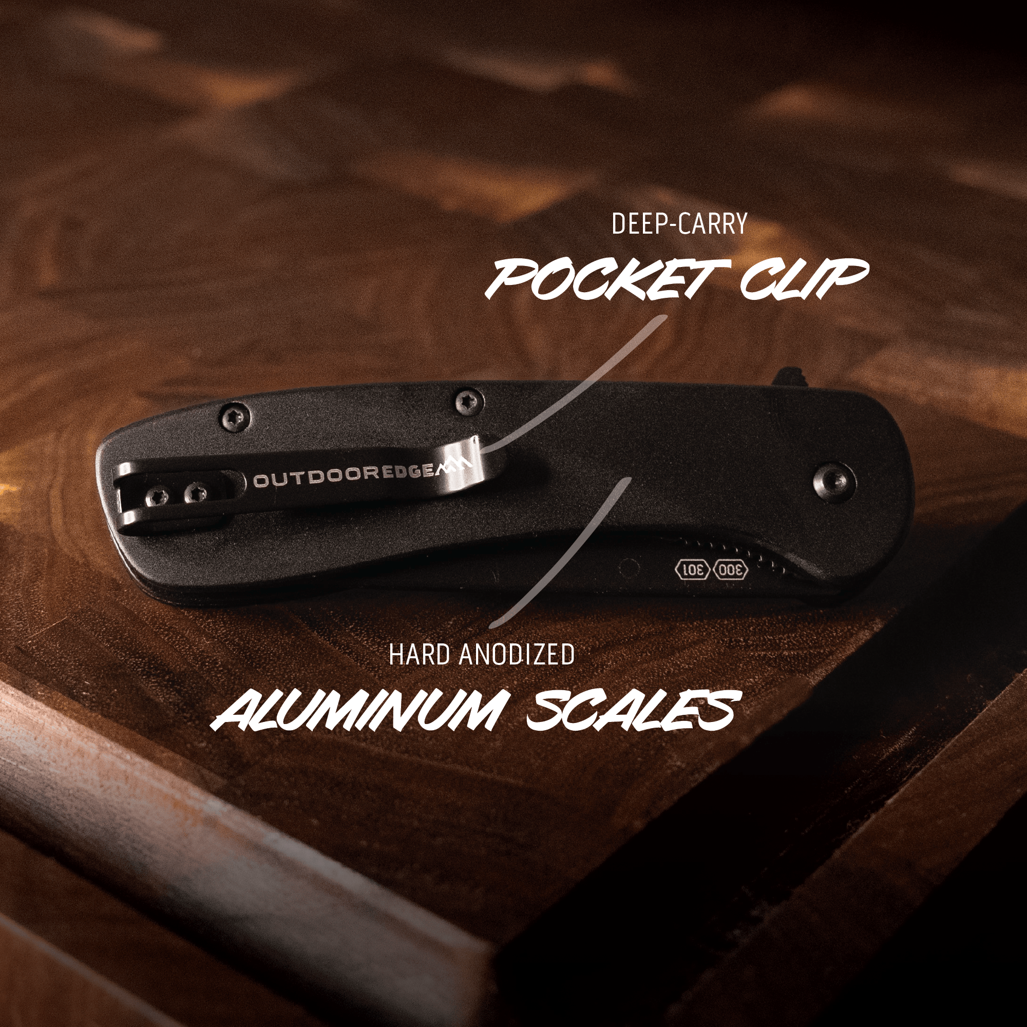 Black pocket clip on a wooden surface with text highlighting features