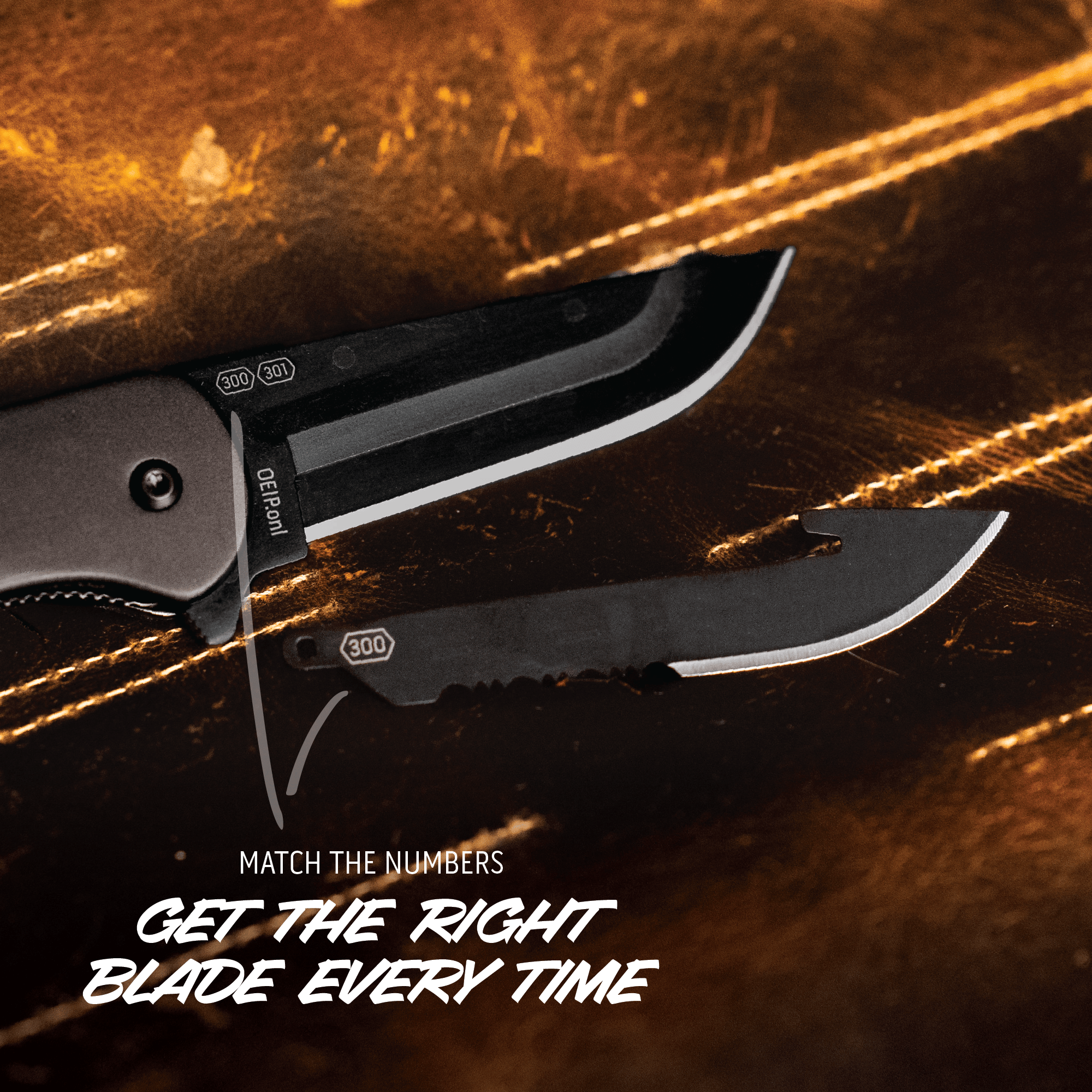 Two folding knives on a textured surface with text overlay.