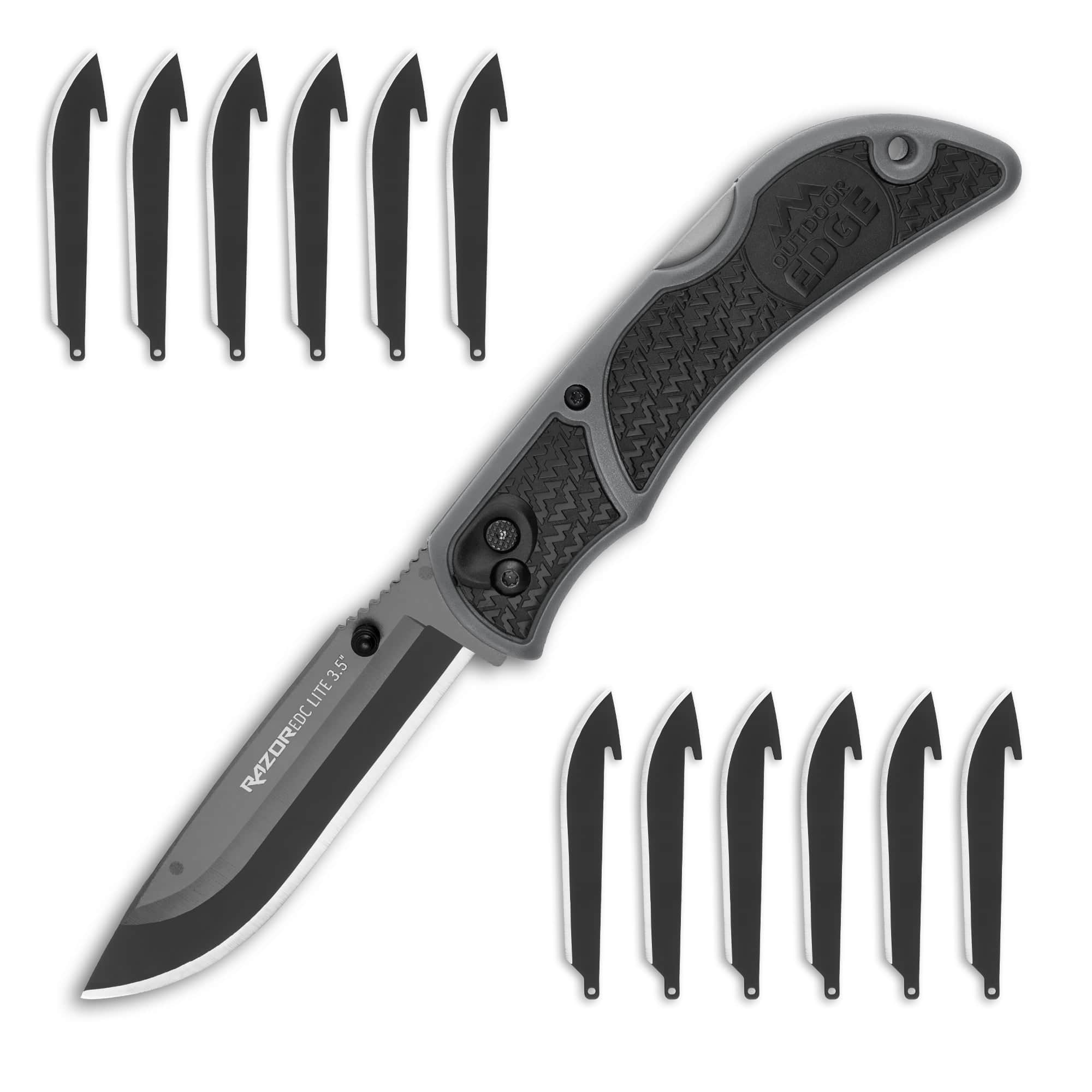 Folding knife with multiple blade options on a white background