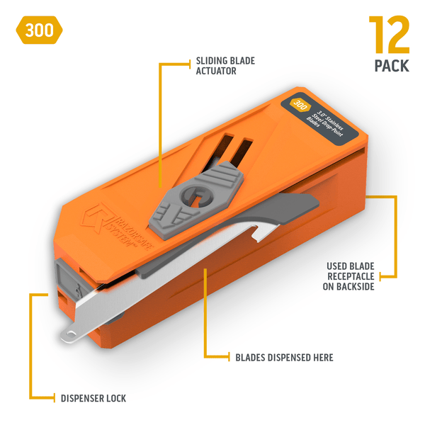 300 (3.0") Drop Point Blade Dispenser | 12 RazorSafe Drop Point Blades  | Compatible with 3.0" RazorSafe Knives