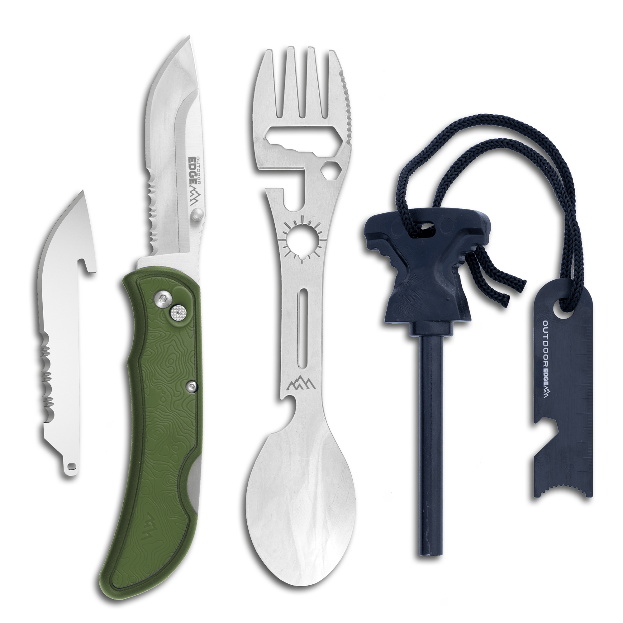 A replaceable blade knife with a green handle, spork and fire starter tool on a white background