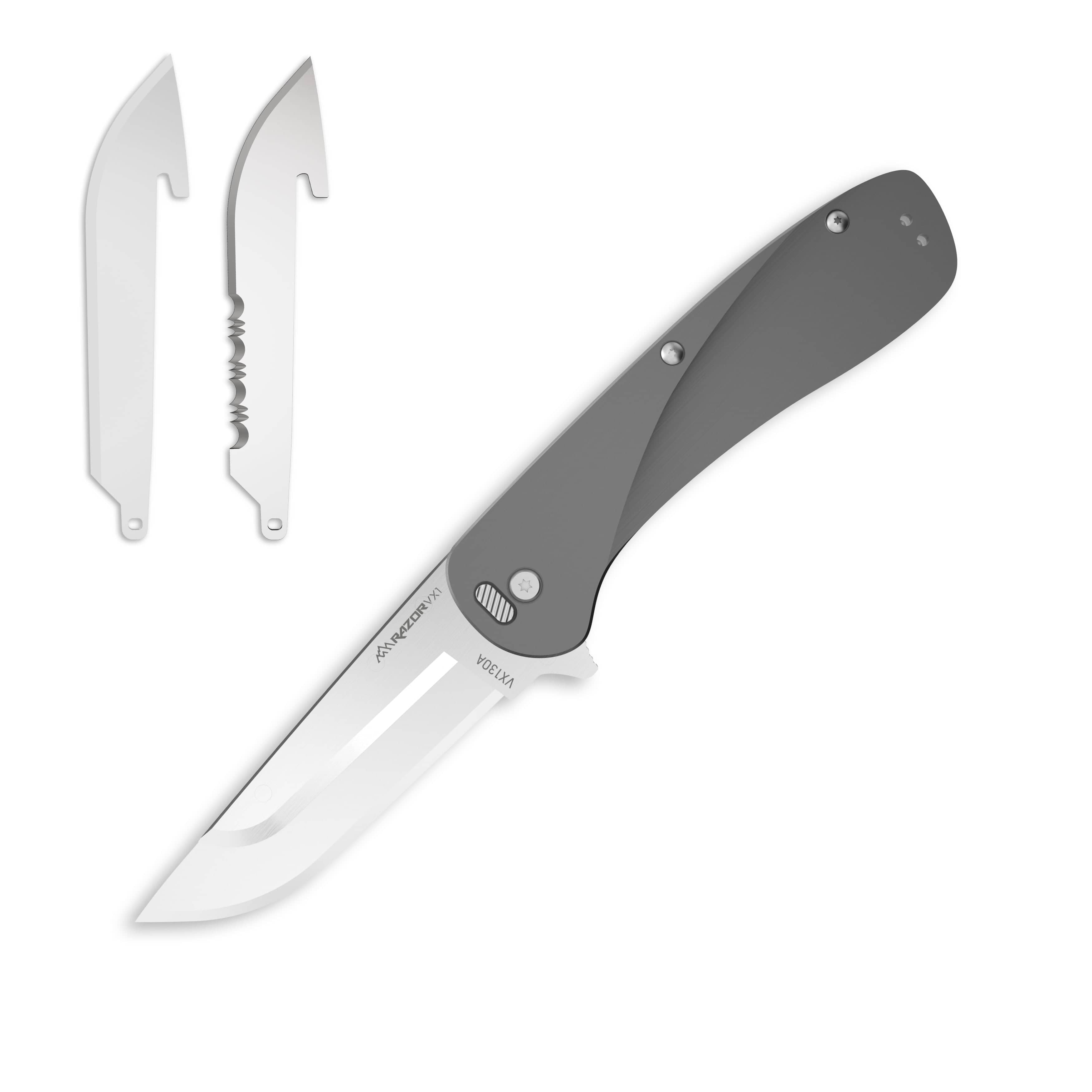 Folding knife with a gray handle and white blade on a white background